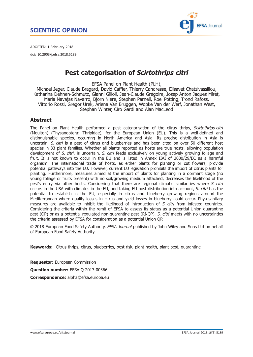 Pest Categorisation of Scirtothrips Citri