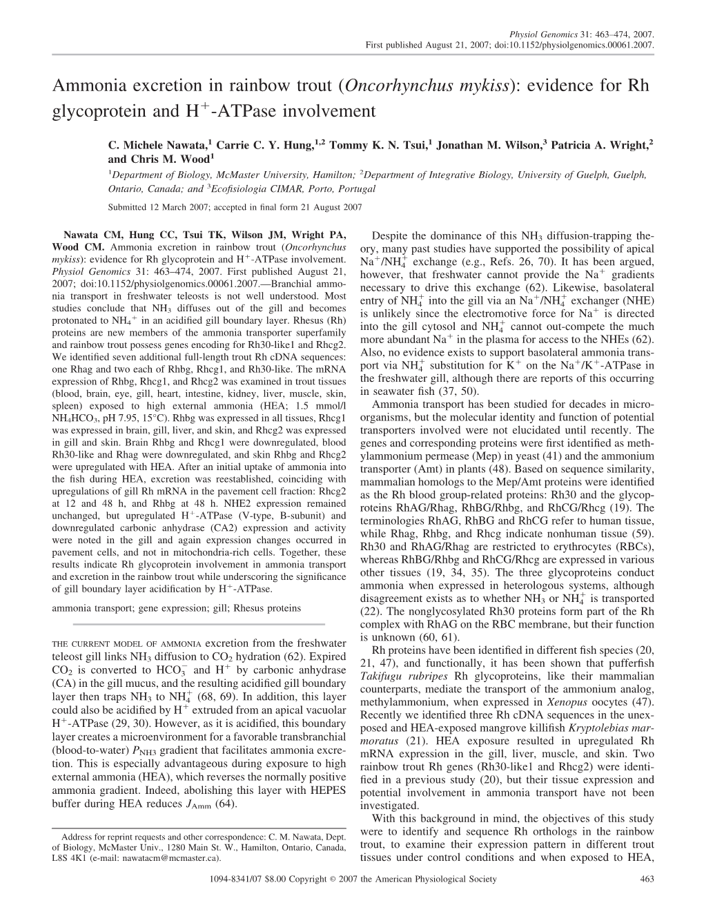 Ammonia Excretion in Rainbow Trout (Oncorhynchus Mykiss): Evidence for Rh Glycoprotein and Hϩ-Atpase Involvement