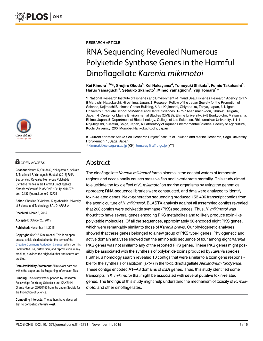 RNA Sequencing Revealed Numerous Polyketide Synthase Genes in the Harmful Dinoflagellate Karenia Mikimotoi