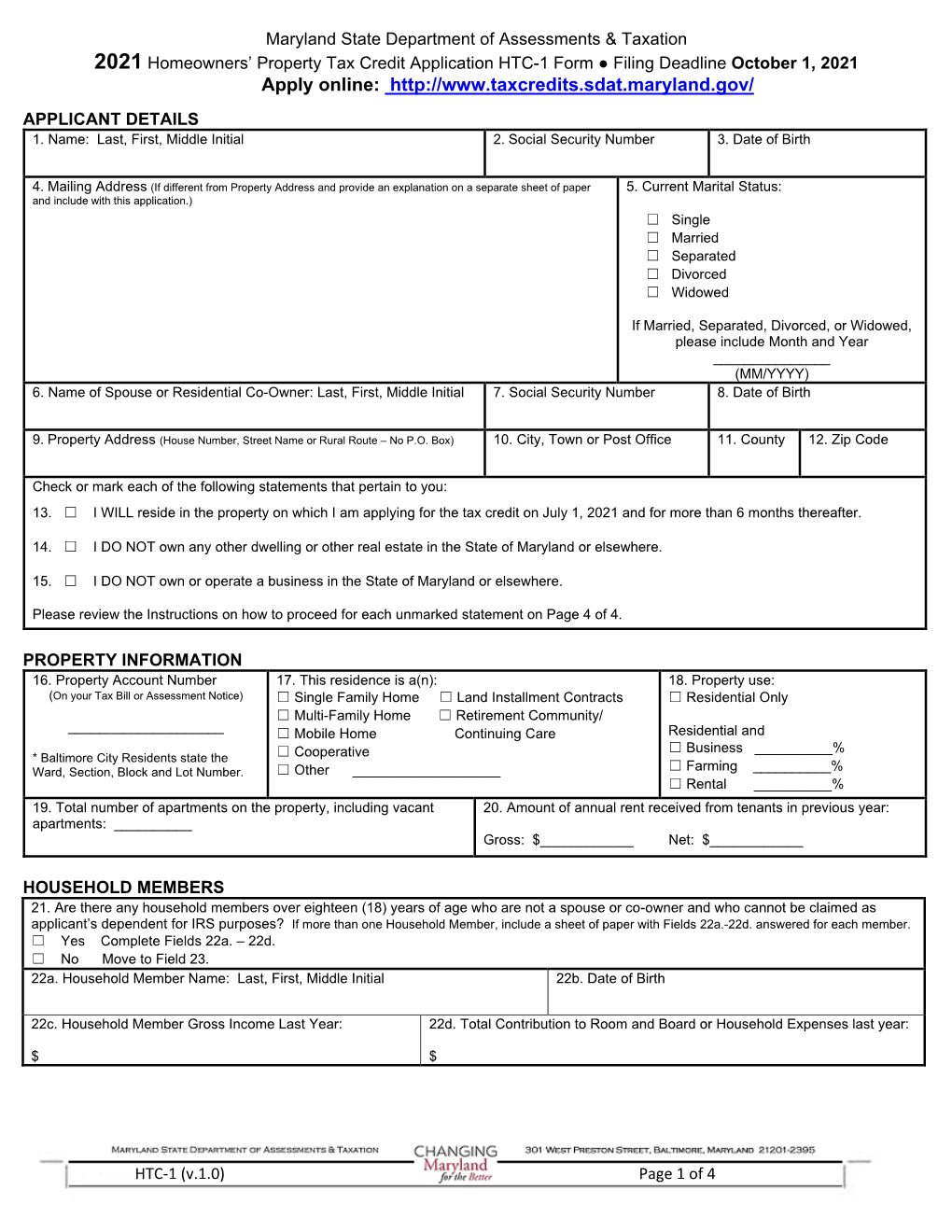 2021 Homeowners' Property Tax Credit Application HTC-1 Form