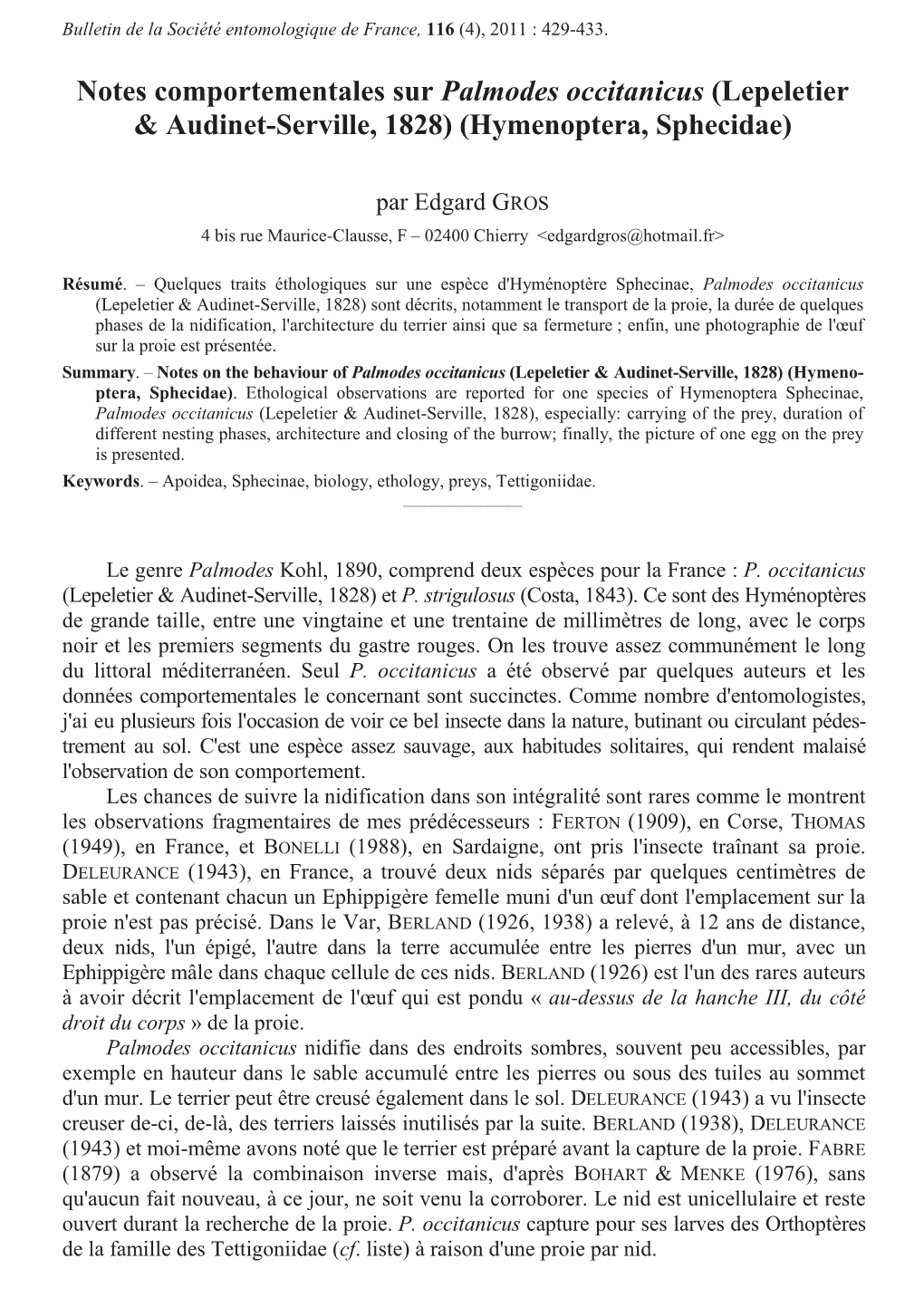 Notes Comportementales Sur Palmodes Occitanicus (Lepeletier & Audinet-Serville, 1828) (Hymenoptera, Sphecidae)