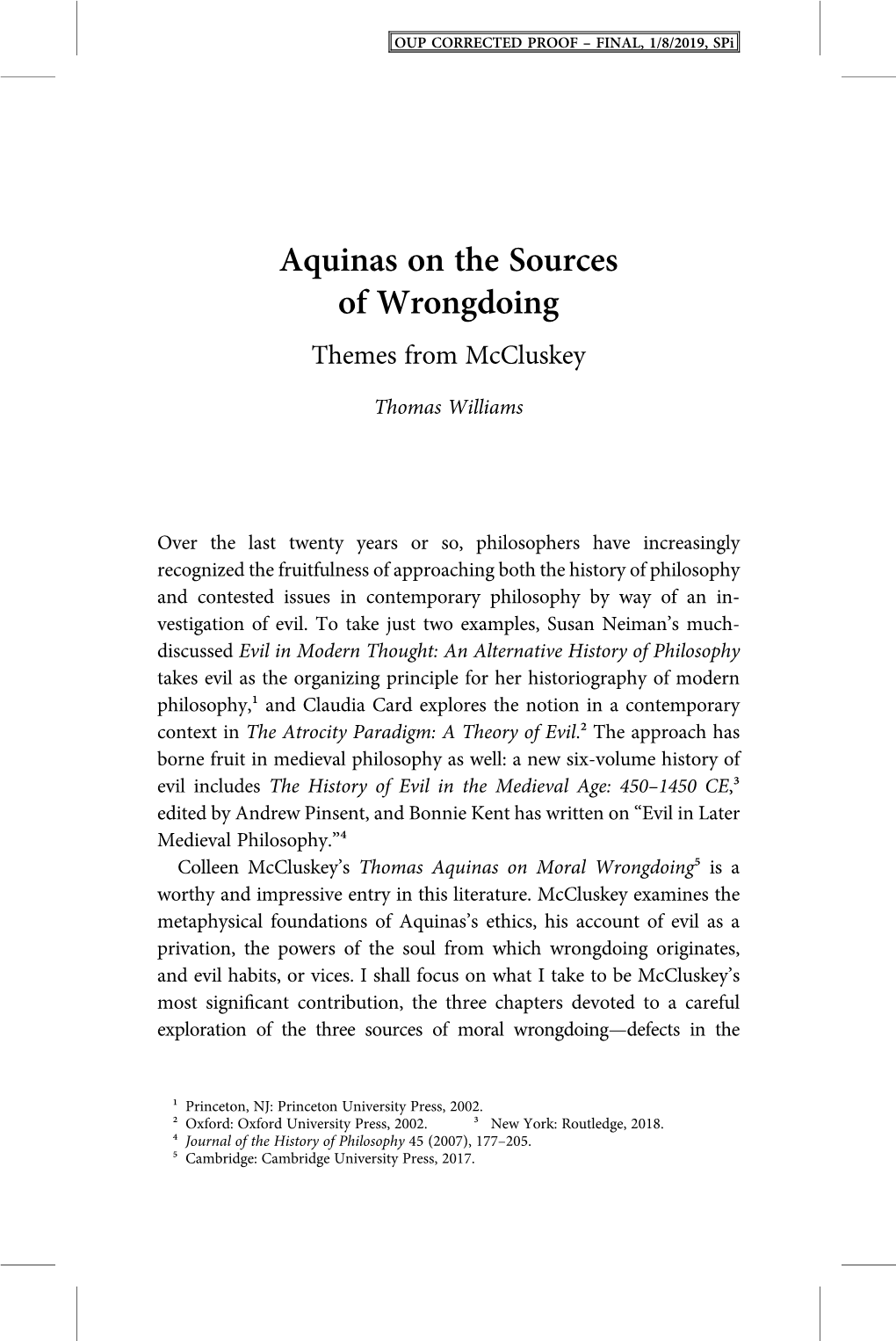 Aquinas on the Sources of Wrongdoing: Themes from Mccluskey