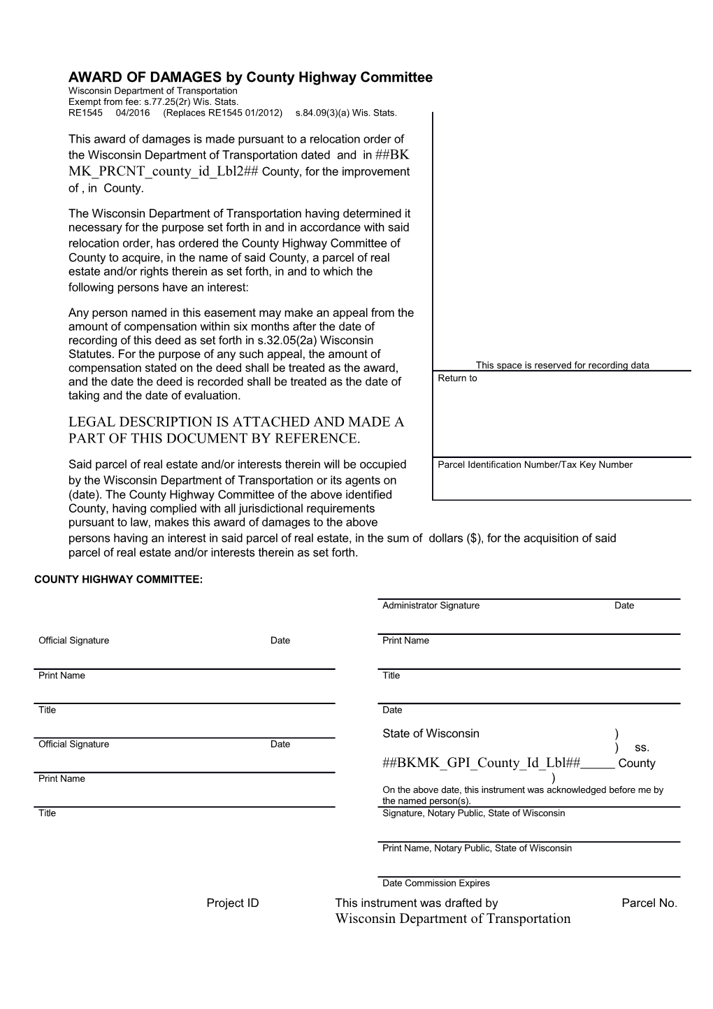 DT1545 Award of Damages by County Highway Committee