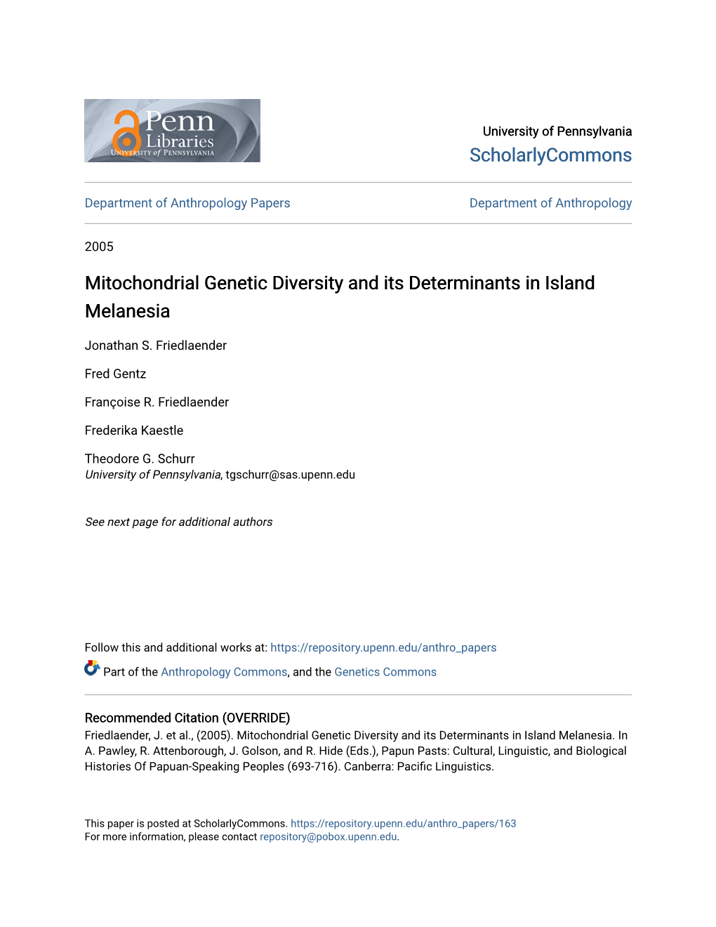 Mitochondrial Genetic Diversity and Its Determinants in Island Melanesia