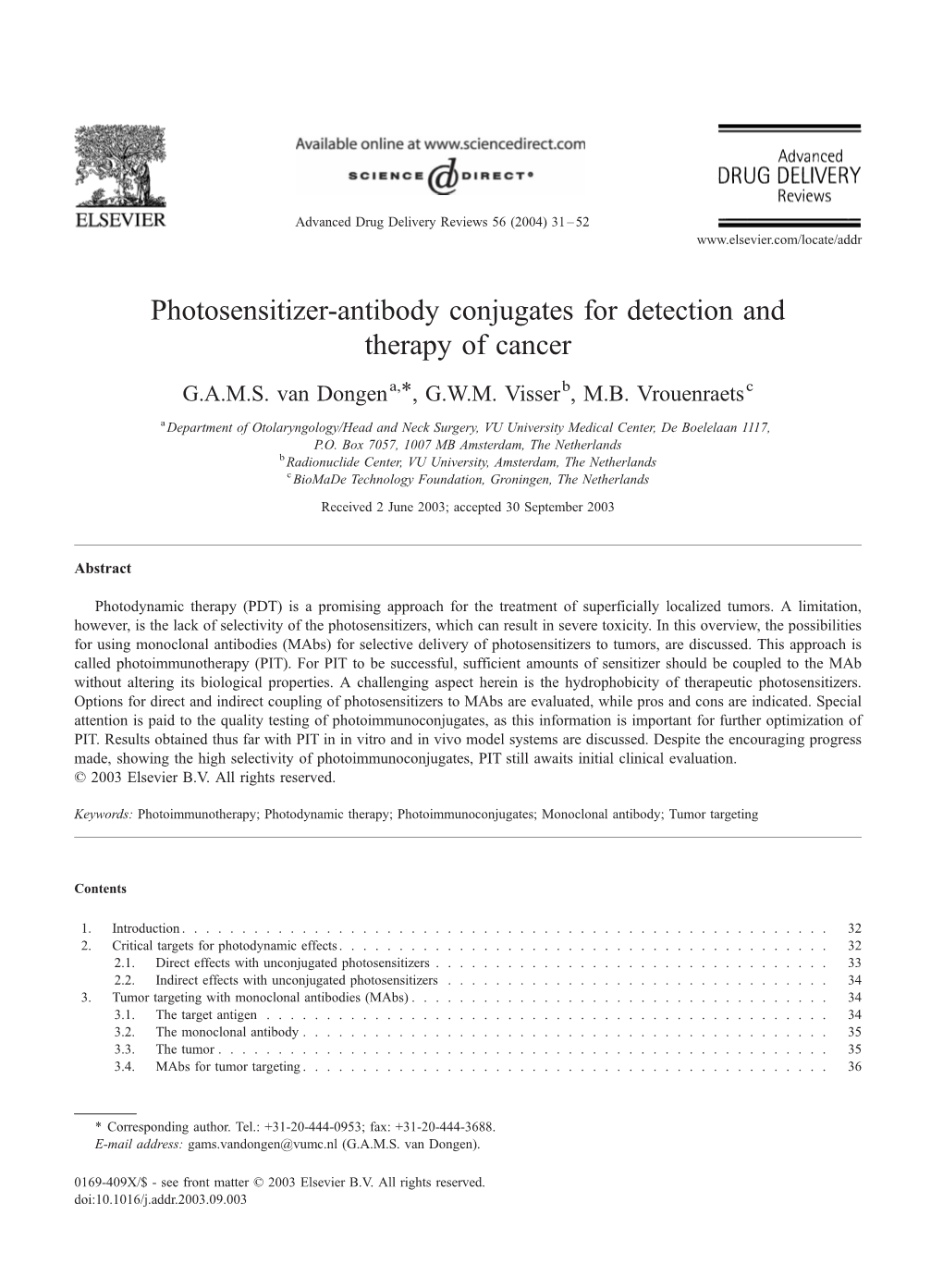 Photosensitizer-Antibody Conjugates for Detection and Therapy of Cancer