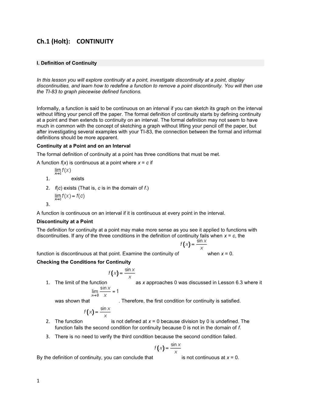 Ch.1 (Holt): CONTINUITY