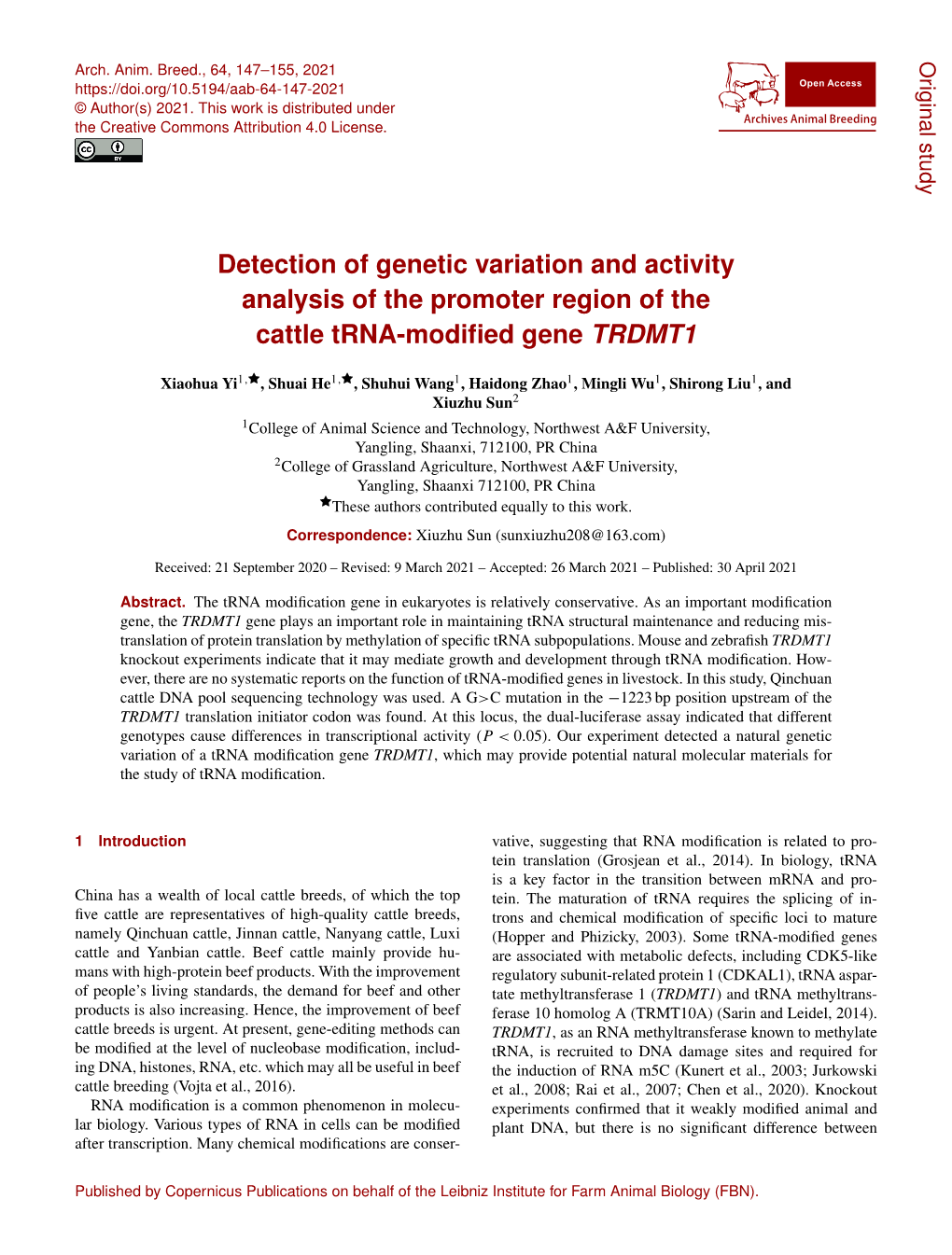 Detection of Genetic Variation and Activity Analysis of the Promoter Region of the Cattle Trna-Modiﬁed Gene TRDMT1