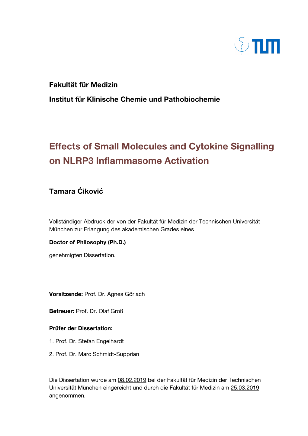 Effects of Small Molecules and Cytokine Signalling on NLRP3 Inflammasome Activation