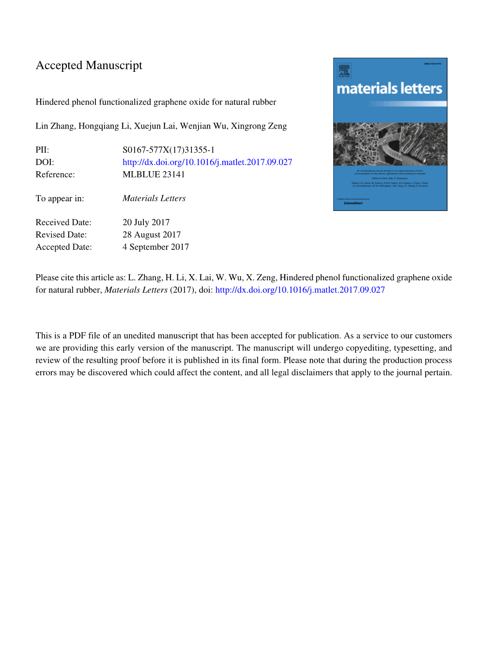 Hindered Phenol Functionalized Graphene Oxide for Natural Rubber