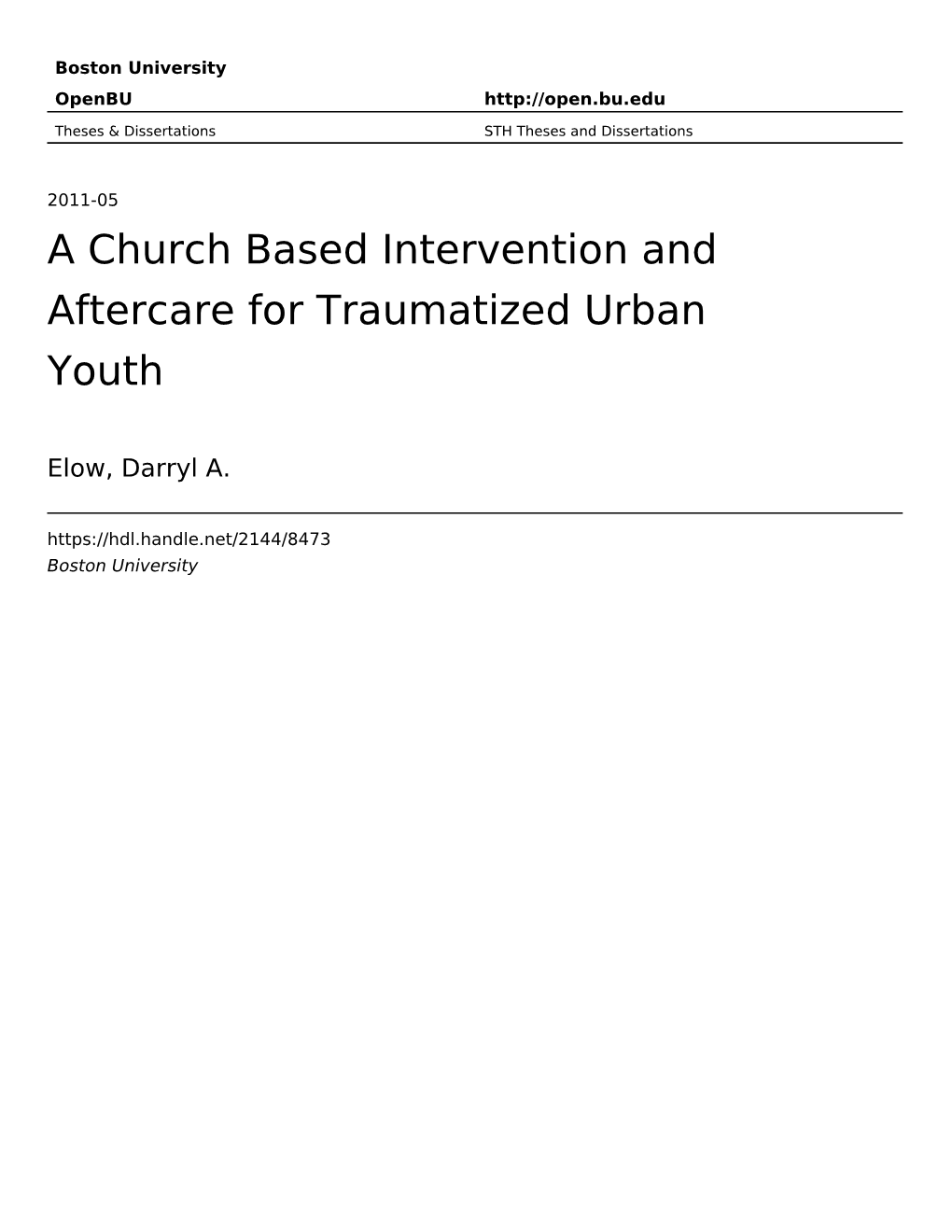 A Church Based Intervention and Aftercare for Traumatized Urban Youth