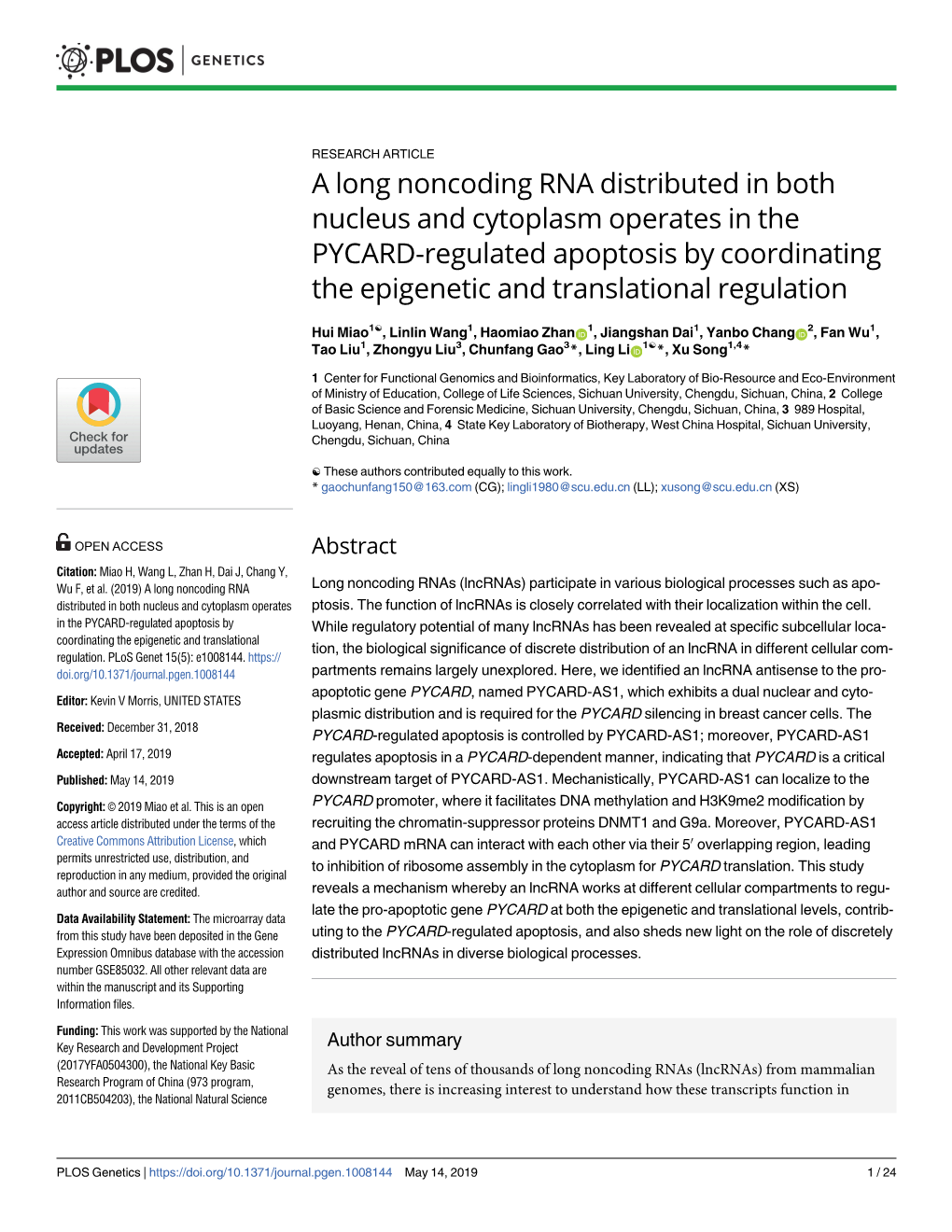 A Long Noncoding RNA Distributed in Both Nucleus and Cytoplasm Operates in the PYCARD-Regulated Apoptosis by Coordinating the Epigenetic and Translational Regulation
