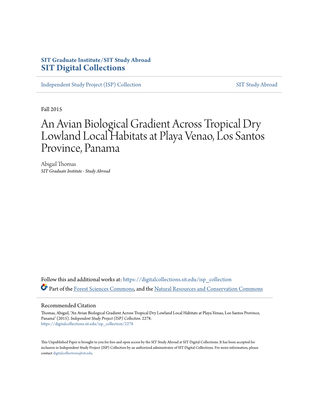 An Avian Biological Gradient Across Tropical Dry Lowland Local