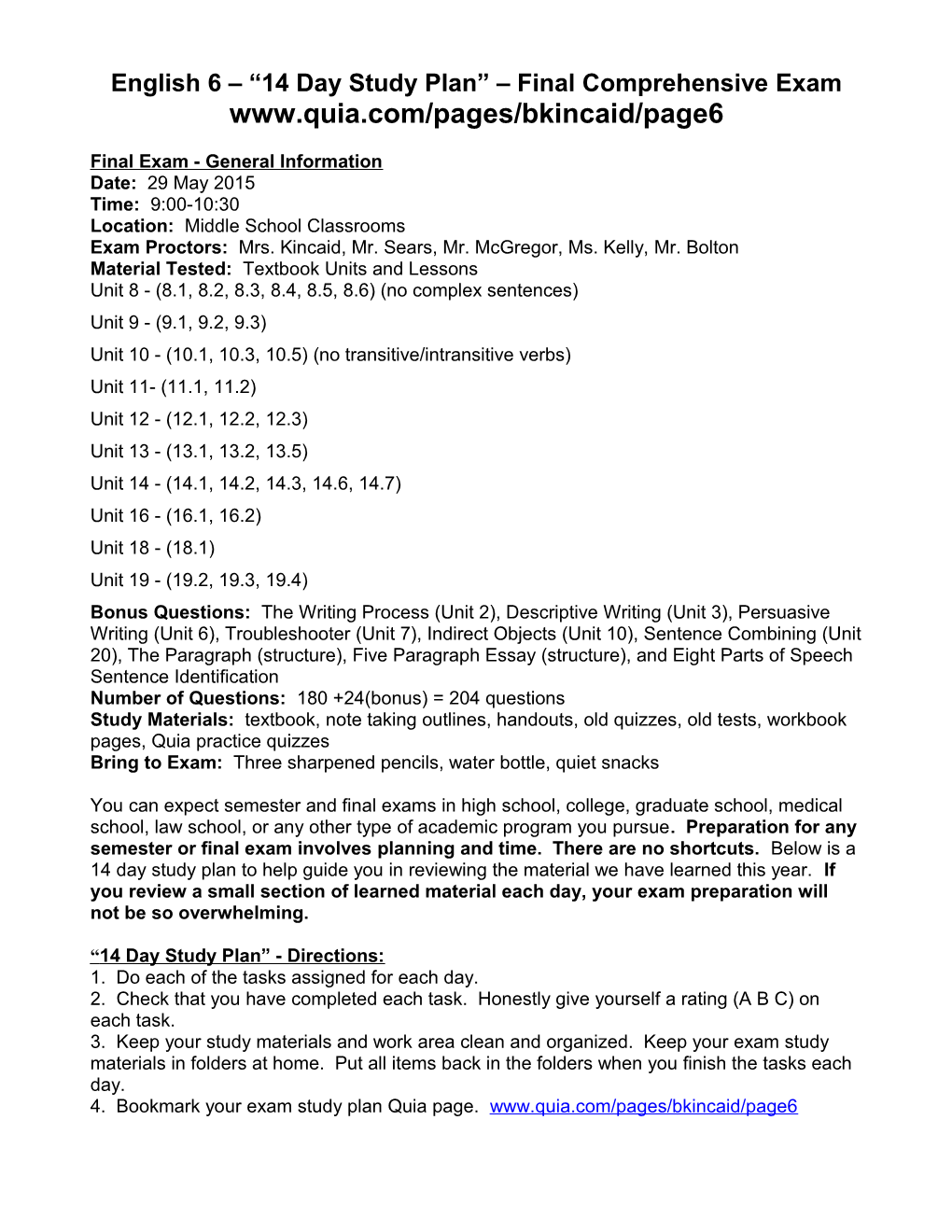 Sixth Grade English 14 Day Study Plan Final Exam