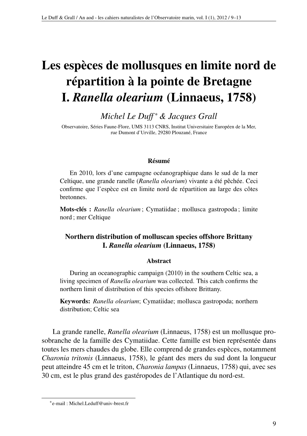 Les Espèces De Mollusques En Limite Nord De Répartition À La Pointe De Bretagne I