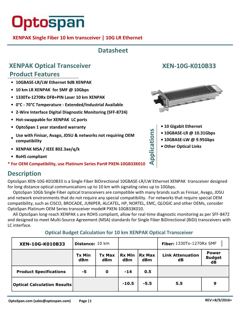 XENPAK Single Fiber 10 Km Transceiver | 10G LR Ethernet Datasheet