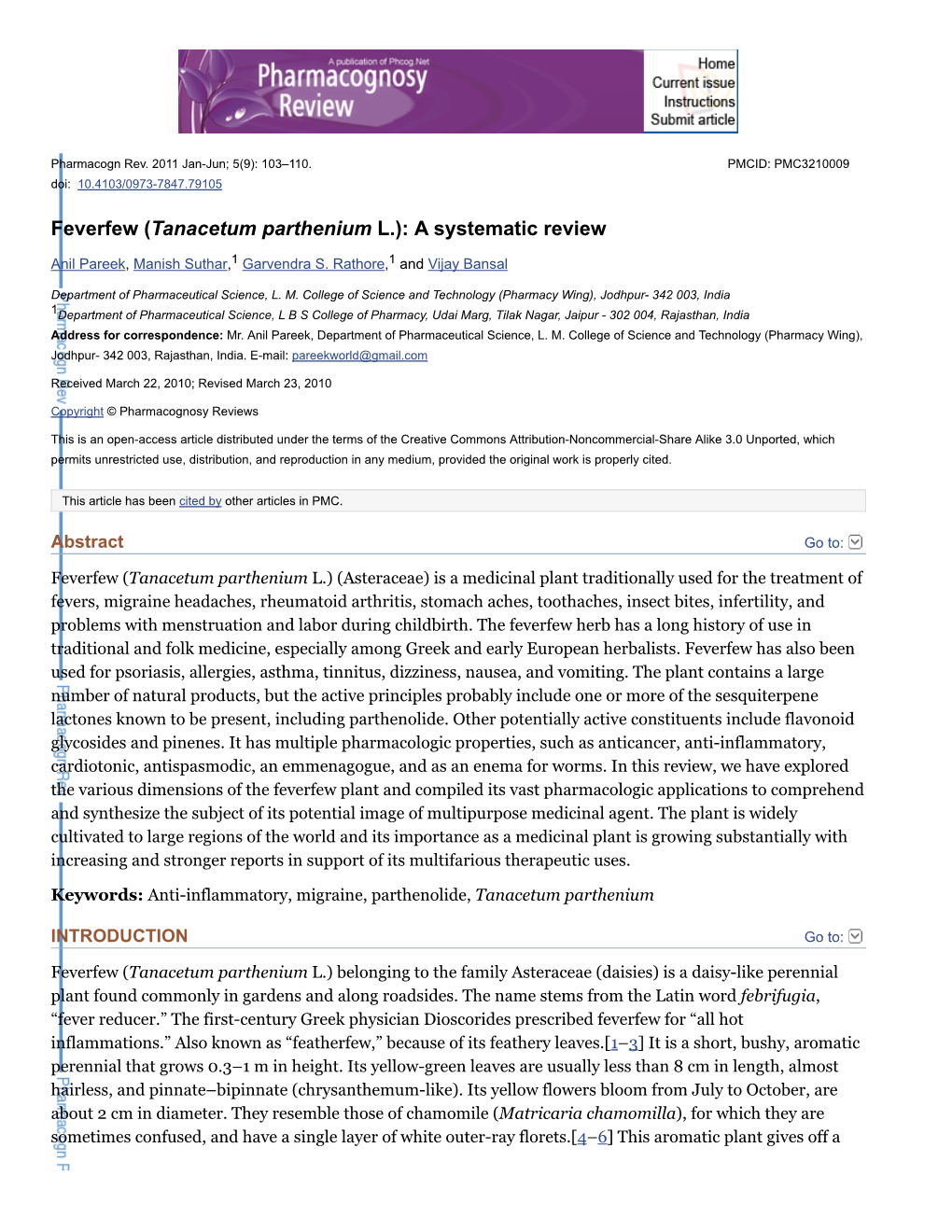 Feverfew (Tanacetum Parthenium L.): a Systematic Review