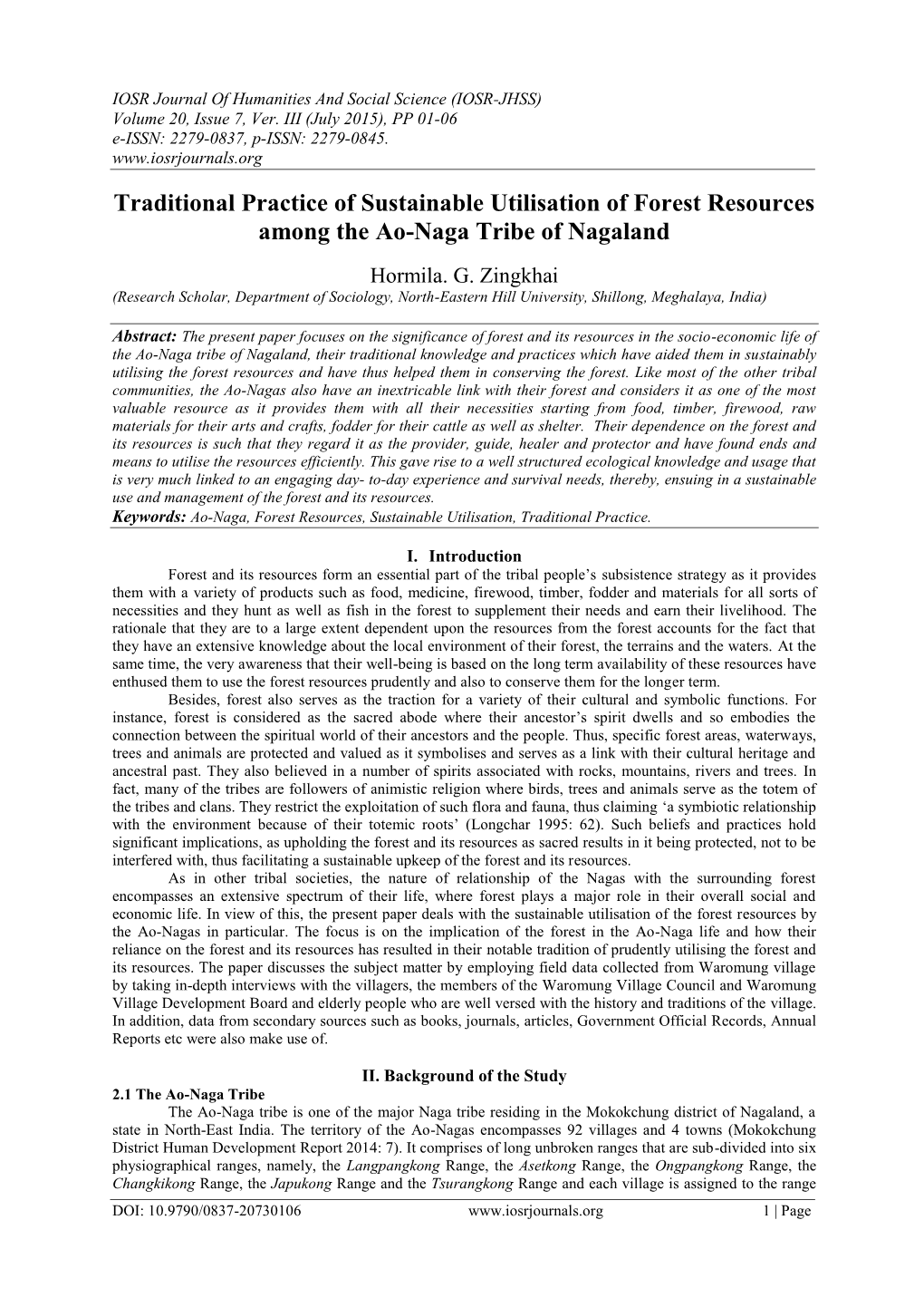 Traditional Practice of Sustainable Utilisation of Forest Resources Among the Ao-Naga Tribe of Nagaland