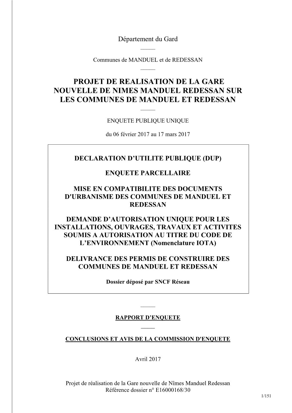 Projet De Realisation De La Gare Nouvelle De Nimes Manduel Redessan Sur Les Communes De Manduel Et Redessan _____