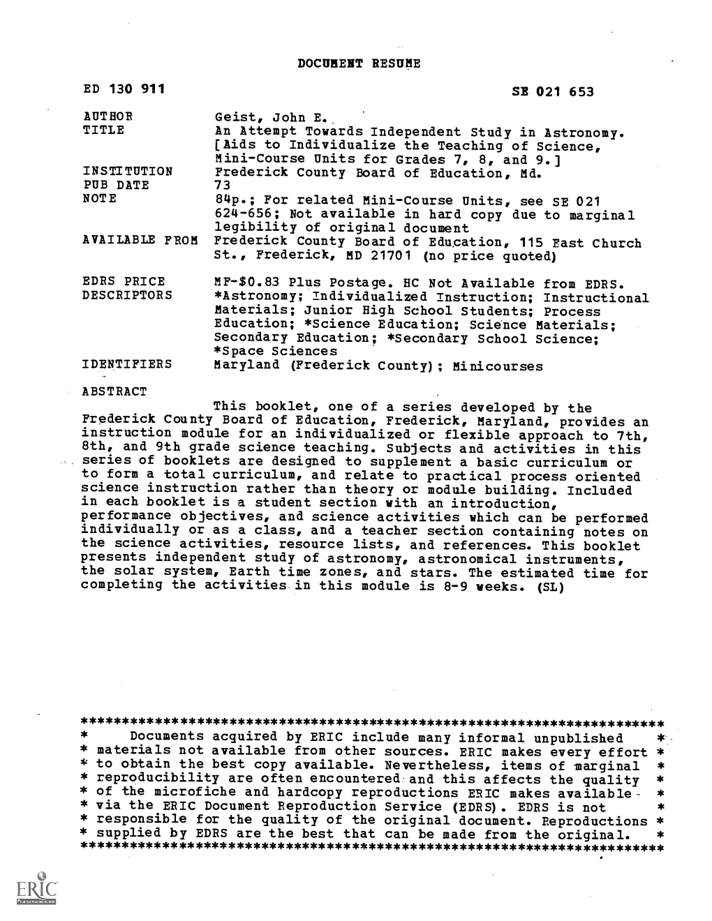 Aids to Individualize the Teaching of Science, Mini-Course Units for Grades 7, 8, and 9.] INSTITUTION Frederick County Board of Education, Md