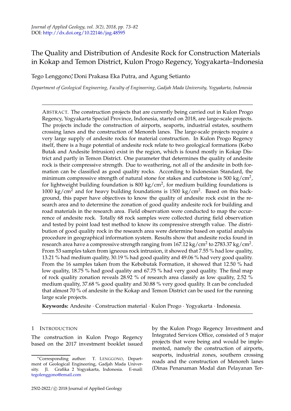 The Quality and Distribution of Andesite Rock for Construction Materials in Kokap and Temon District, Kulon Progo Regency, Yogyakarta–Indonesia