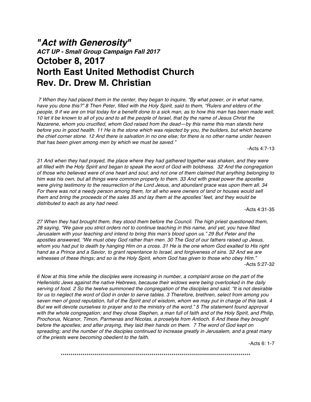 "Act with Generosity" October 8, 2017 North East United Methodist Church