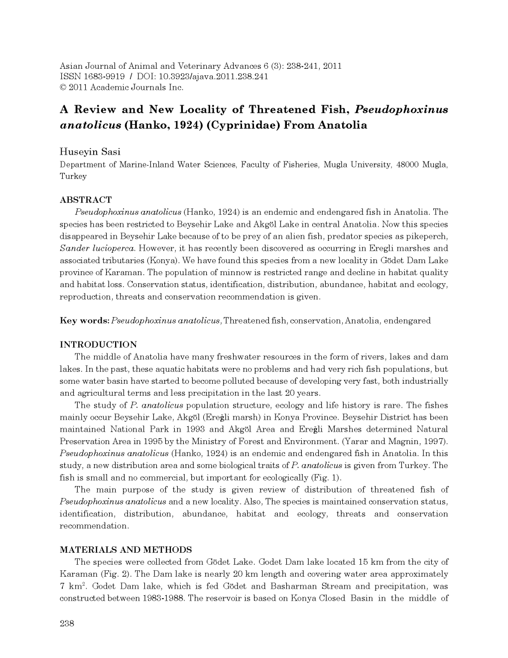 A Review and New Locality of Threatened Fish, Pseudophoxinus Anatolicus (Hanko, 1924) (Cyprinidae) from Anatolia