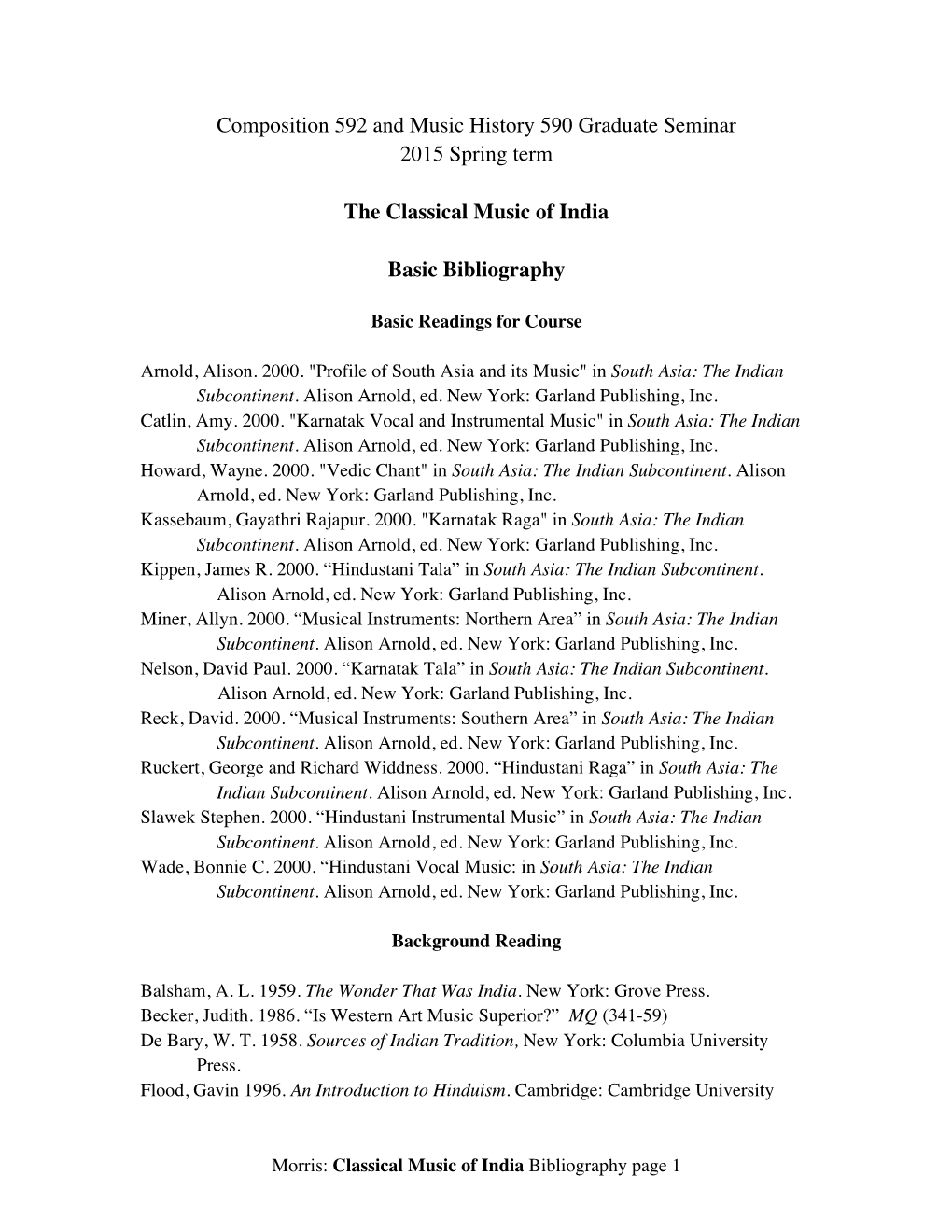 Composition 592 and Music History 590 Graduate Seminar 2015 Spring Term the Classical Music of India Basic Bibliography