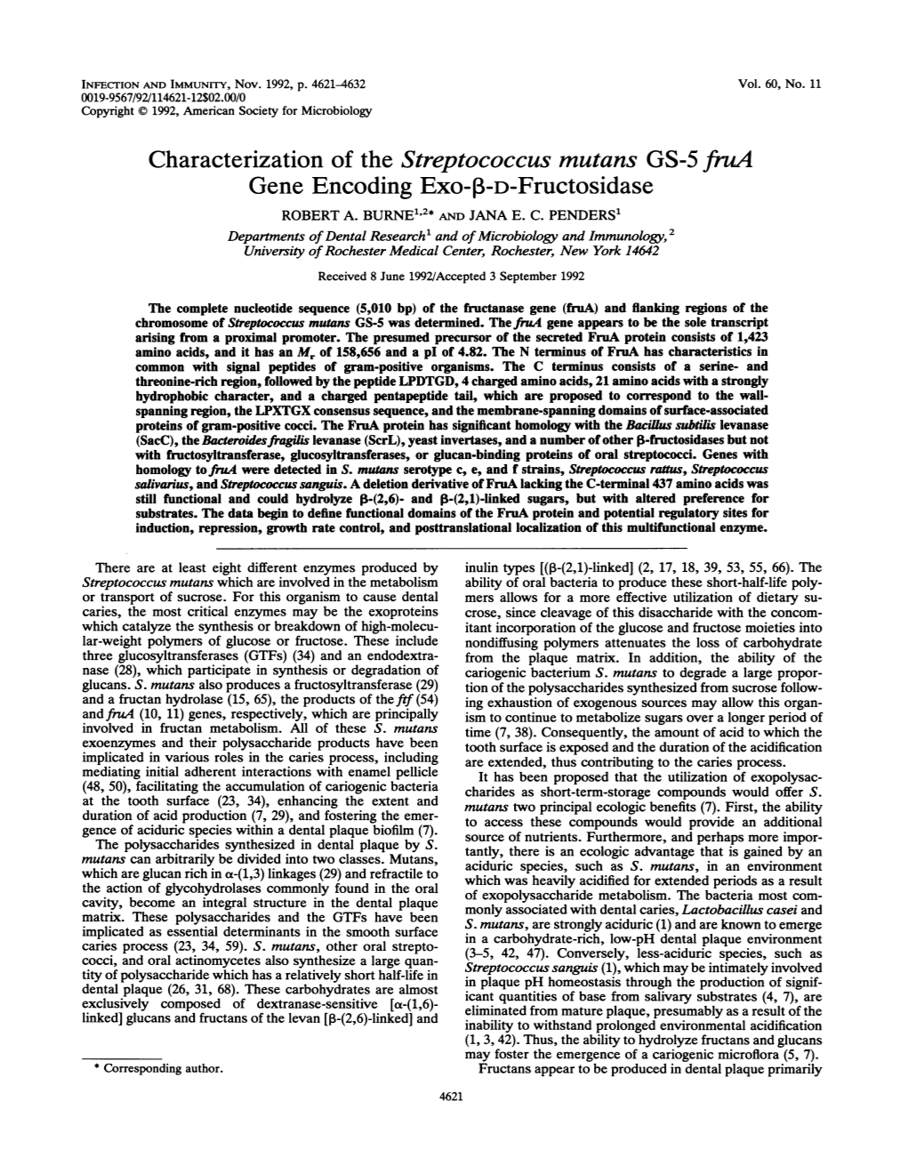 Characterization of the Streptococcus Mutans GS-5Frua Gene Encoding