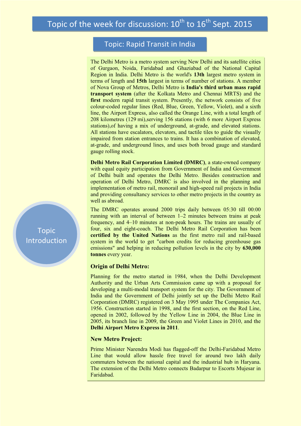 Topic of the Week for Discussion: 10Th to 16Th Sept