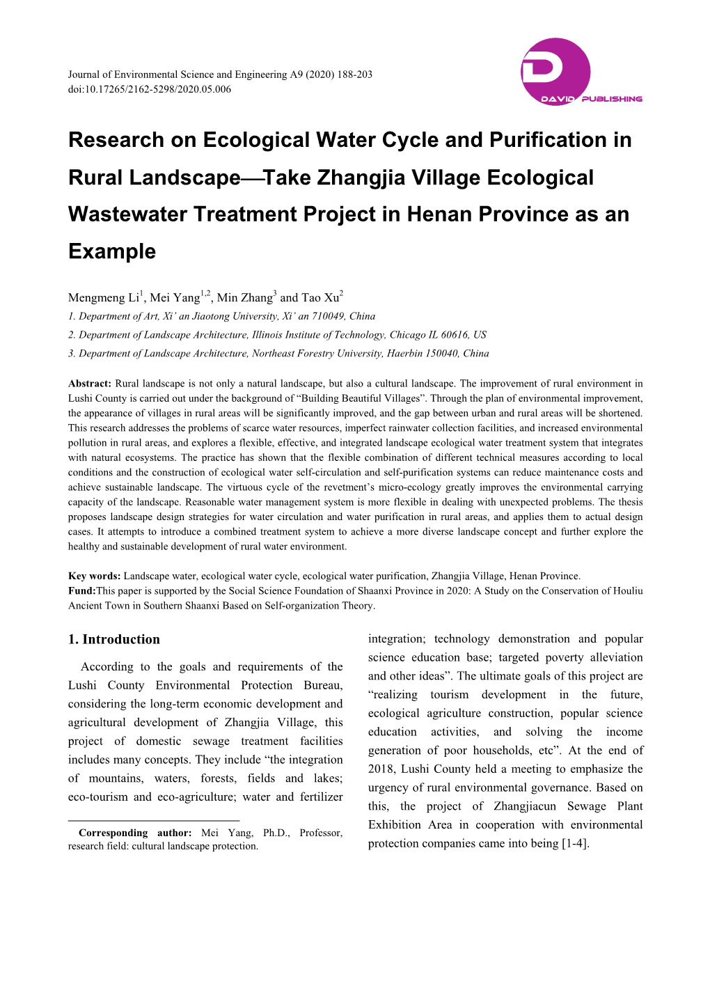 Research on Ecological Water Cycle and Purification in Rural Landscapetake Zhangjia Village Ecological Wastewater Treatment Project in Henan Province As an Example