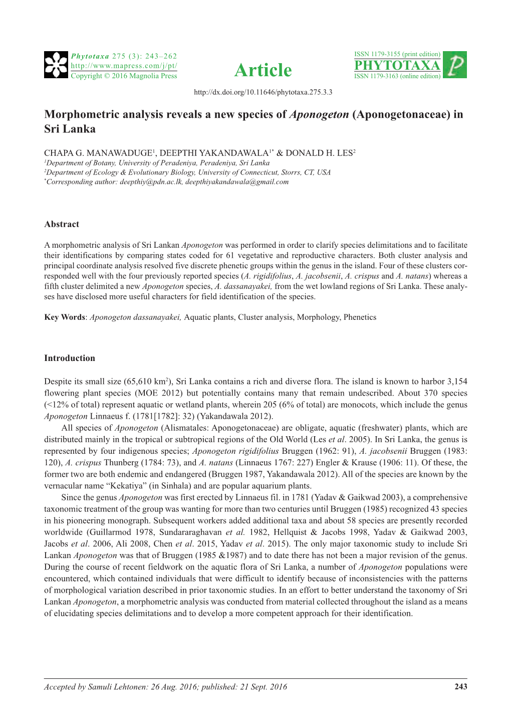 Morphometric Analysis Reveals a New Species of Aponogeton (Aponogetonaceae) in Sri Lanka