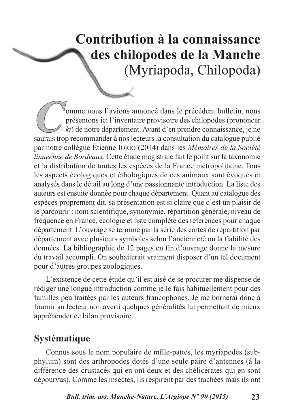 Contribution À La Connaissance Des Chilopodes De La Manche (Myriapoda, Chilopoda)