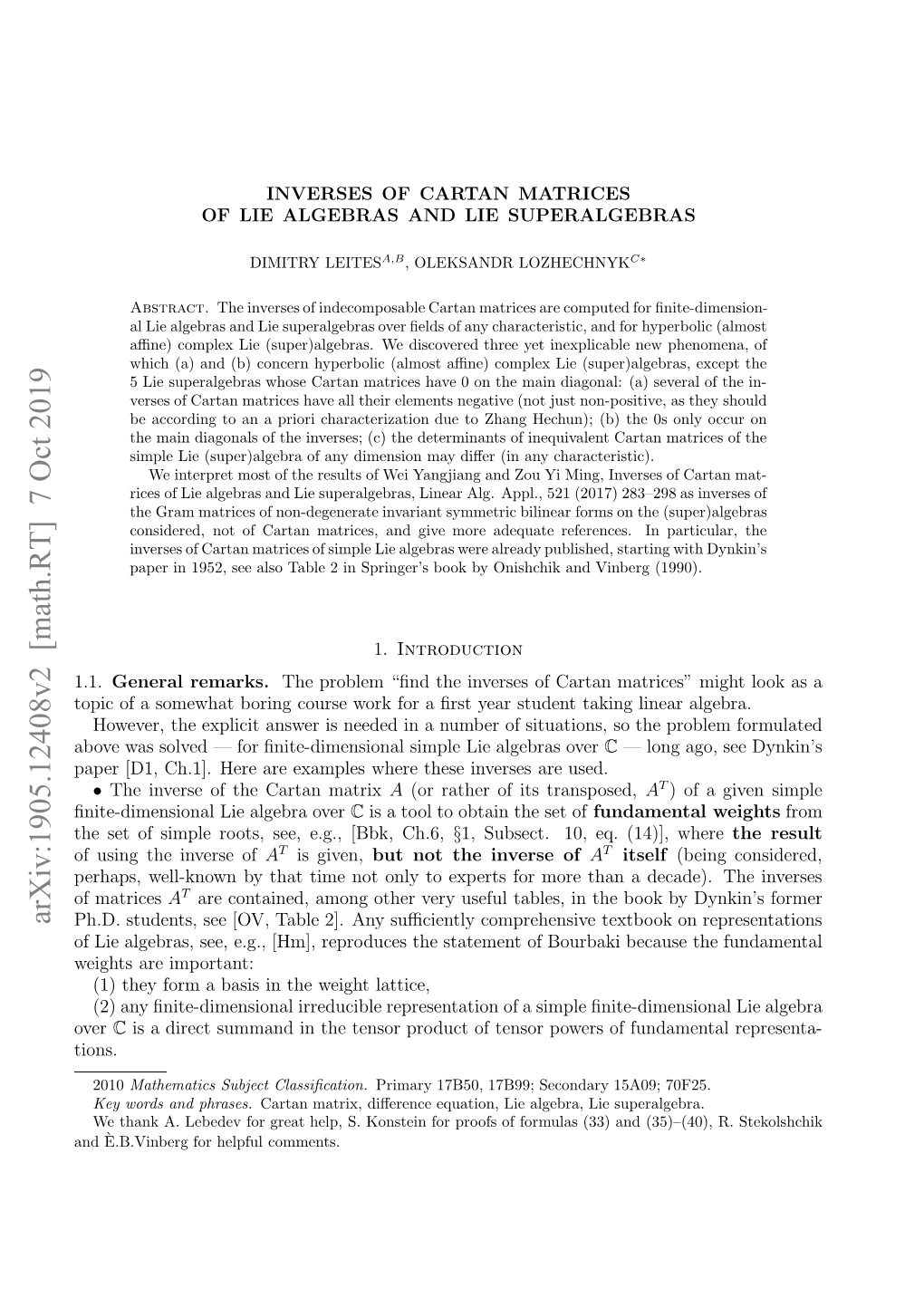 Arxiv:1905.12408V2 [Math.RT] 7 Oct 2019 Nt-Iesoa I Ler Over Algebra Lie ﬁnite-Dimensional Ae D,C.] Eeaeeape Hr Hs Nessaeused