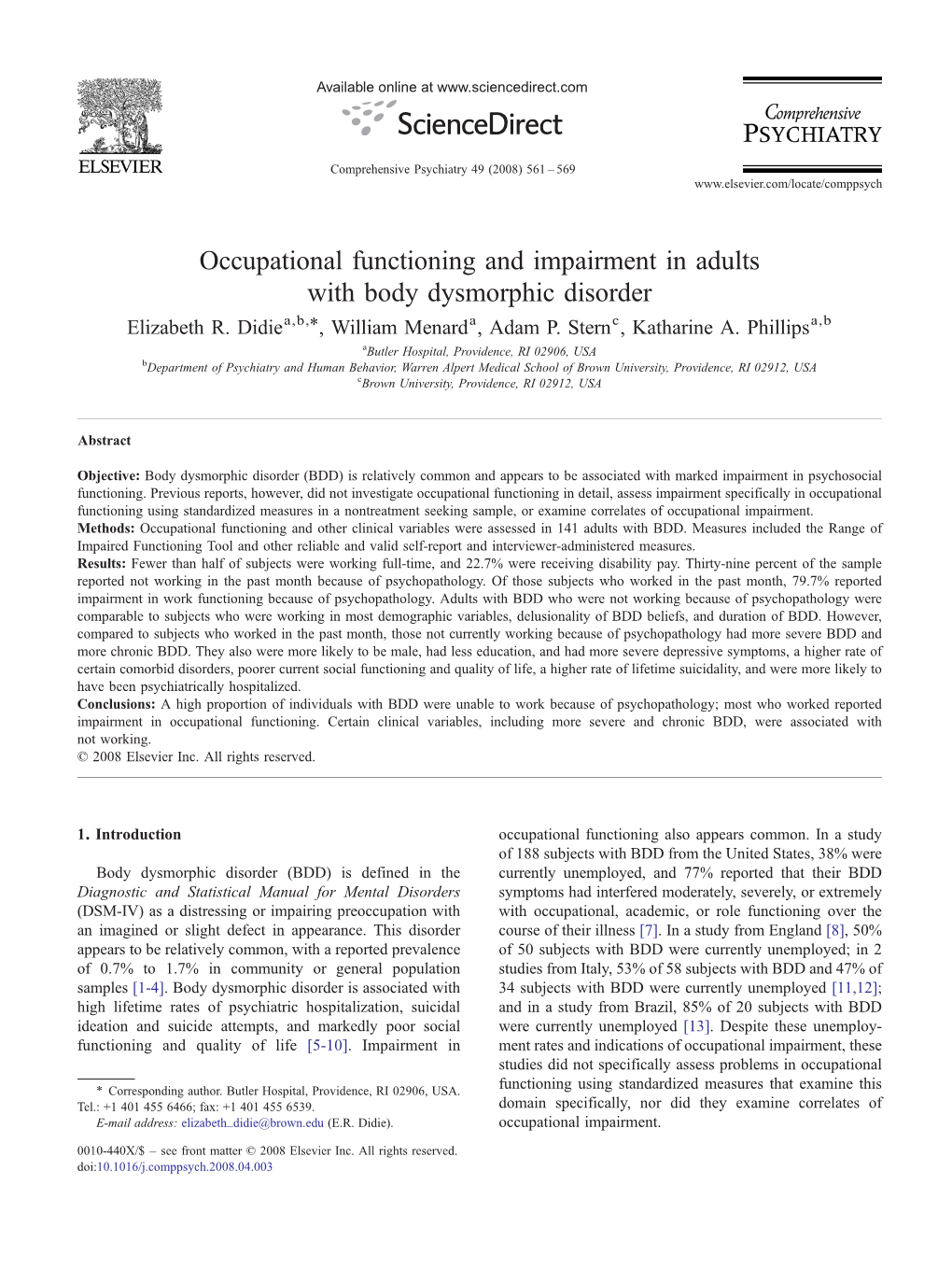 Occupational Functioning and Impairment in Adults with Body Dysmorphic Disorder ⁎ Elizabeth R