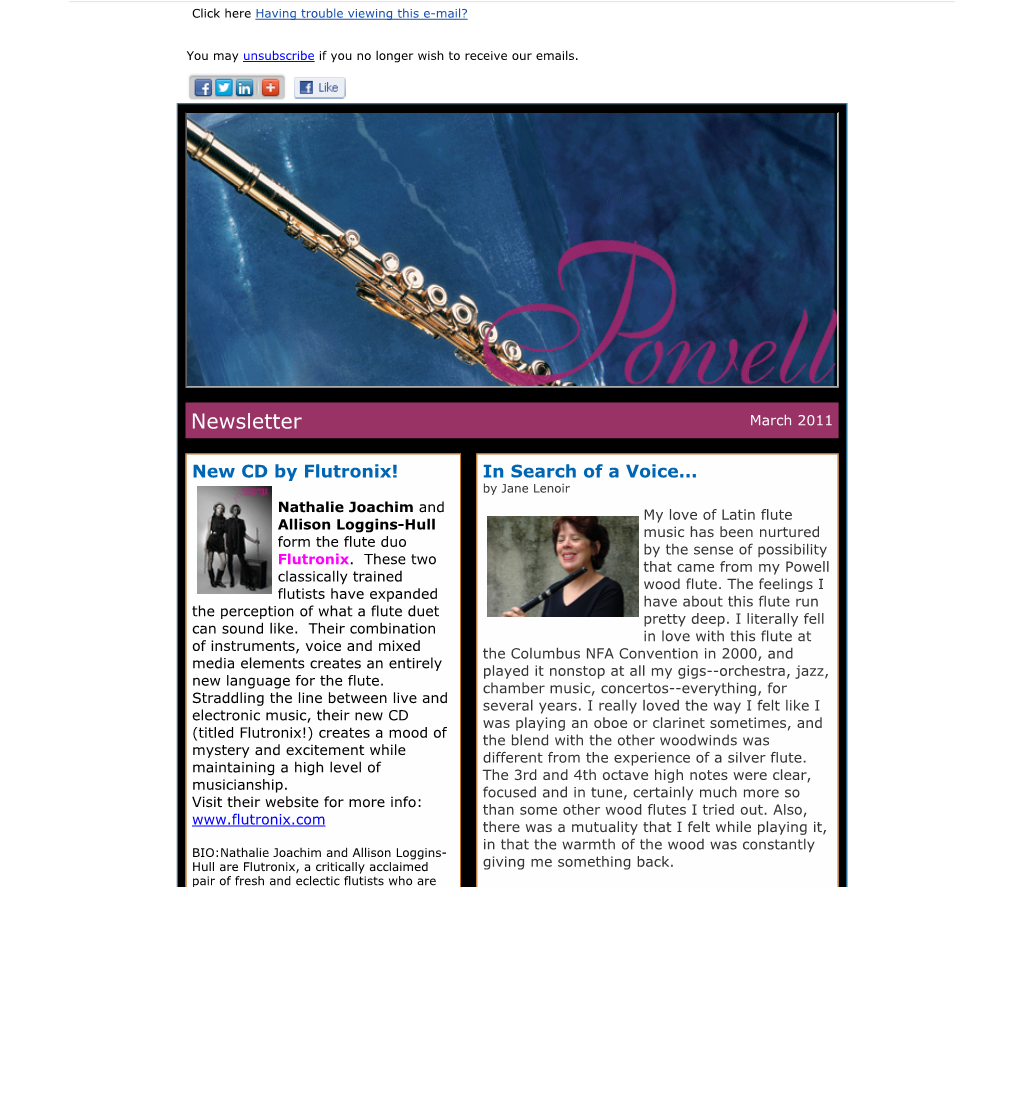 News from Powell Flutes Date: March 16, 2011 2:03:14 PM EDT To: Allison@Allisonloggins.Com Reply-To: Cg@Powellﬂutes.Com