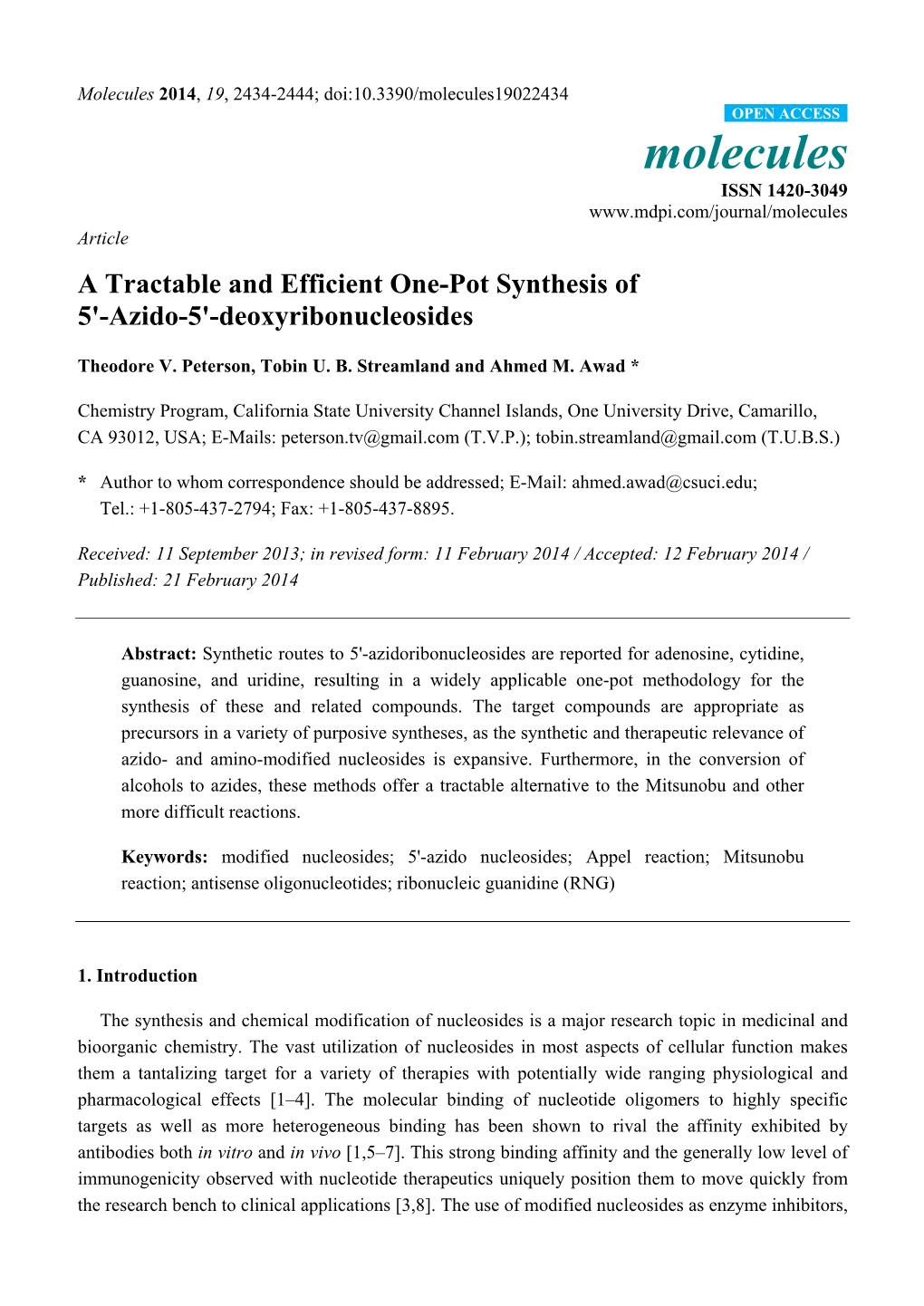 A Tractable and Efficient One-Pot Synthesis of 5'-Azido-5'-Deoxyribonucleosides