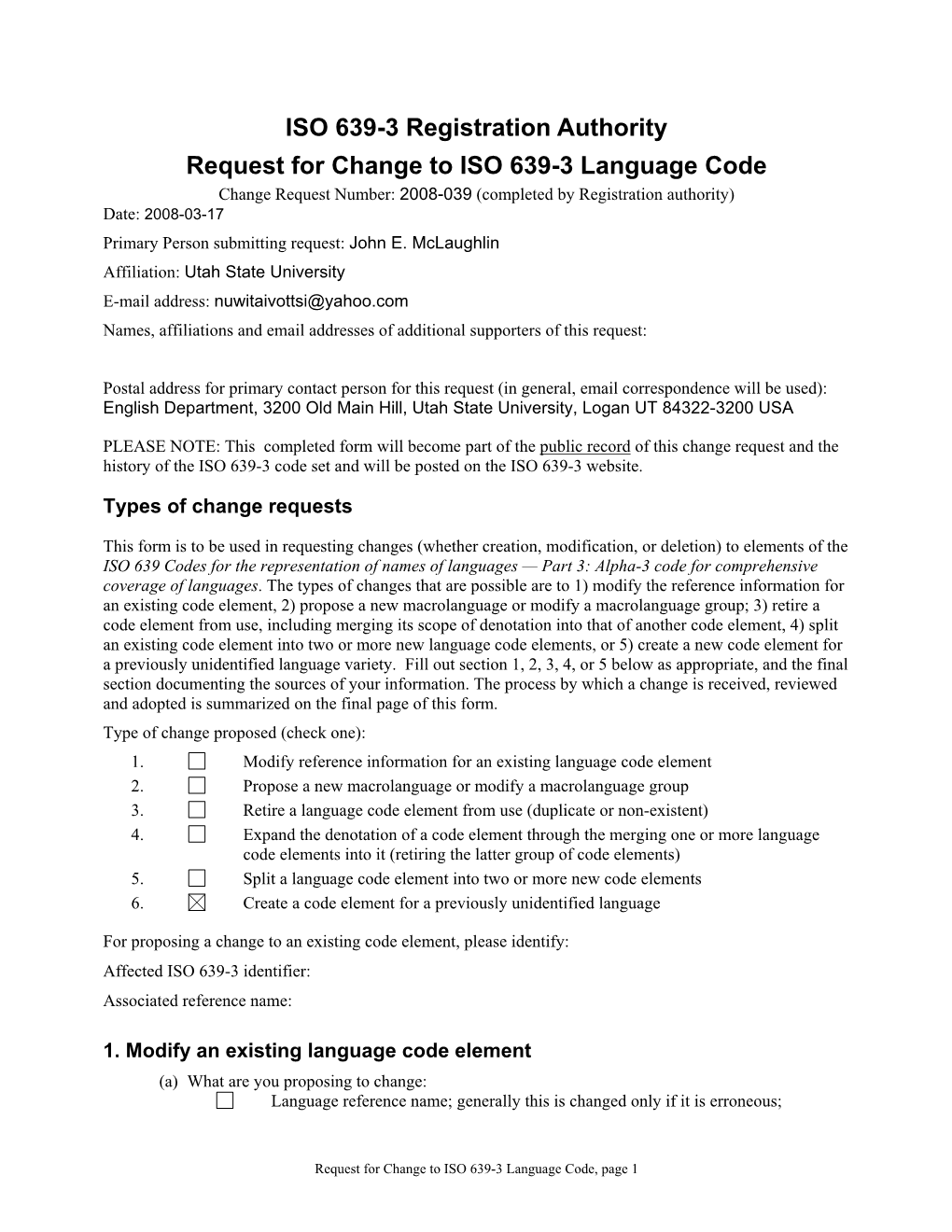 ISO 639-3 Registration Authority Request For