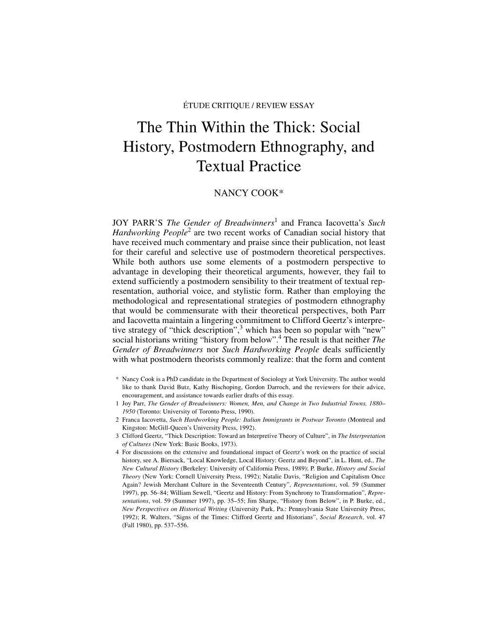 Social History, Postmodern Ethnography, and Textual Practice