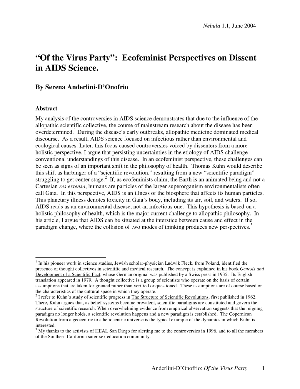 “Of the Virus Party”: Ecofeminist Perspectives on Dissent in AIDS Science