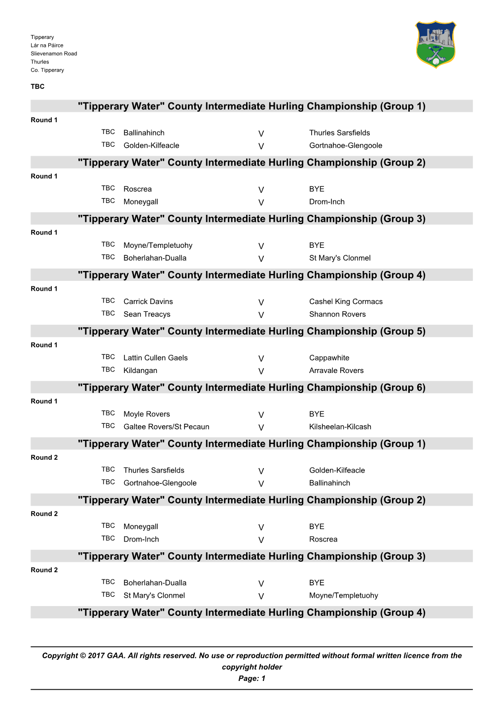 Tipperary Water County Intermediate Hurling