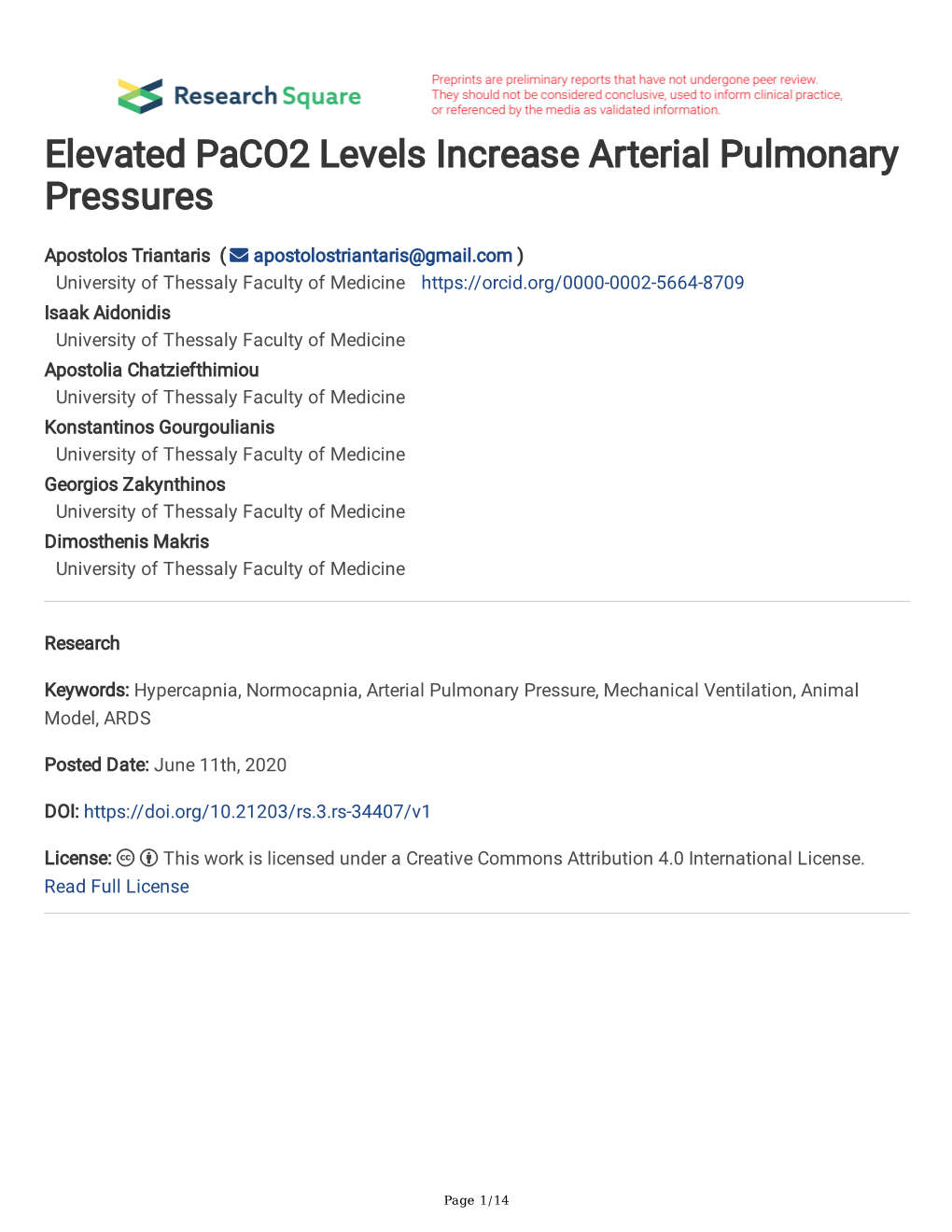 Elevated Paco2 Levels Increase Arterial Pulmonary Pressures