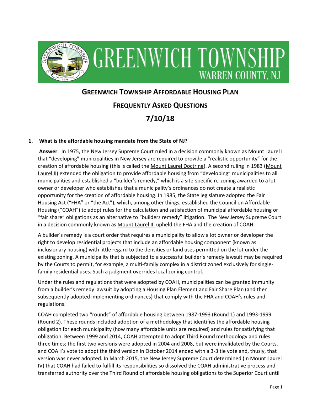 Greenwich Township Affordable Housing FAQ Ver 1 7/10/18