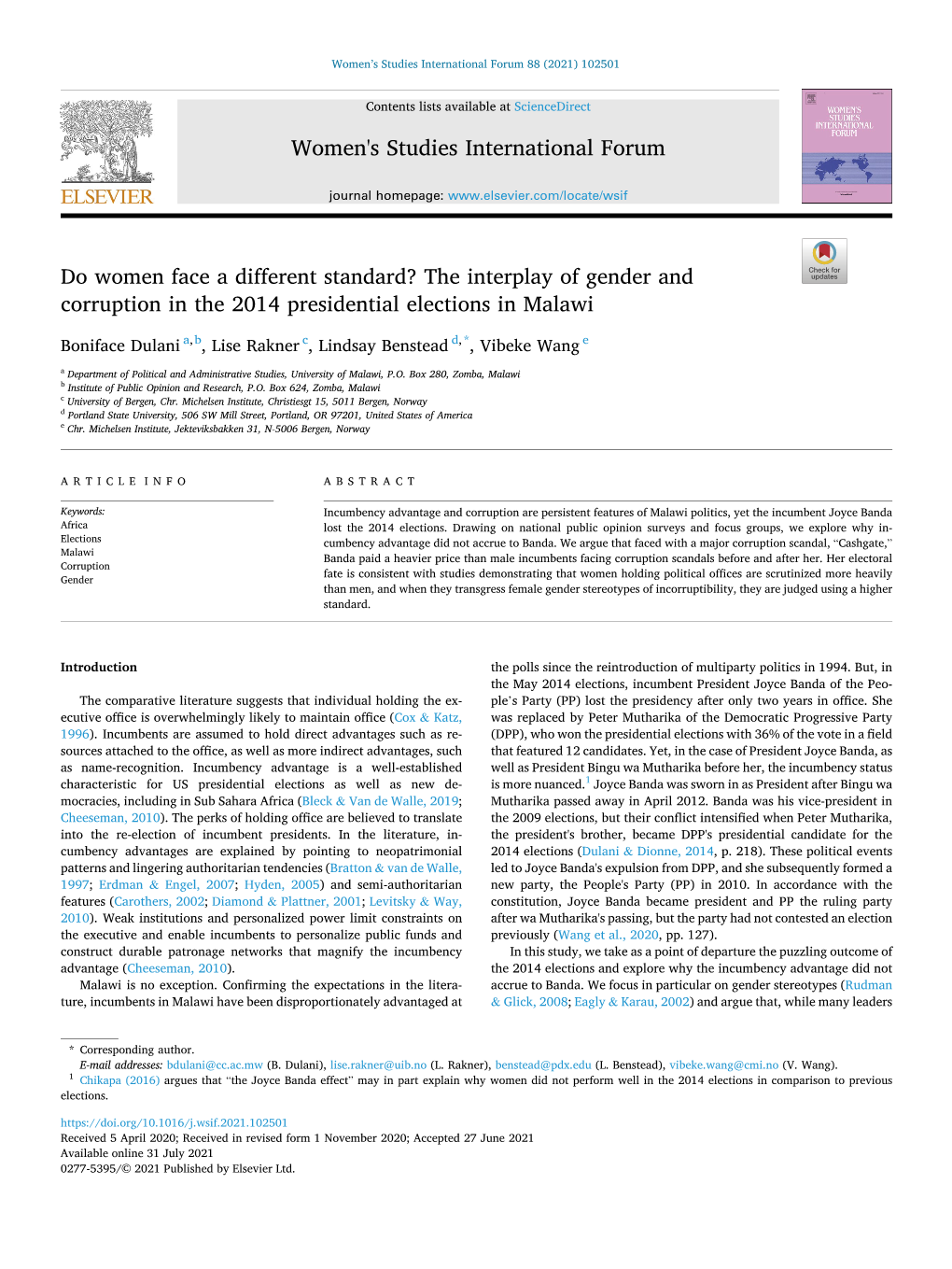 Do Women Face a Different Standard? the Interplay of Gender and Corruption in the 2014 Presidential Elections in Malawi