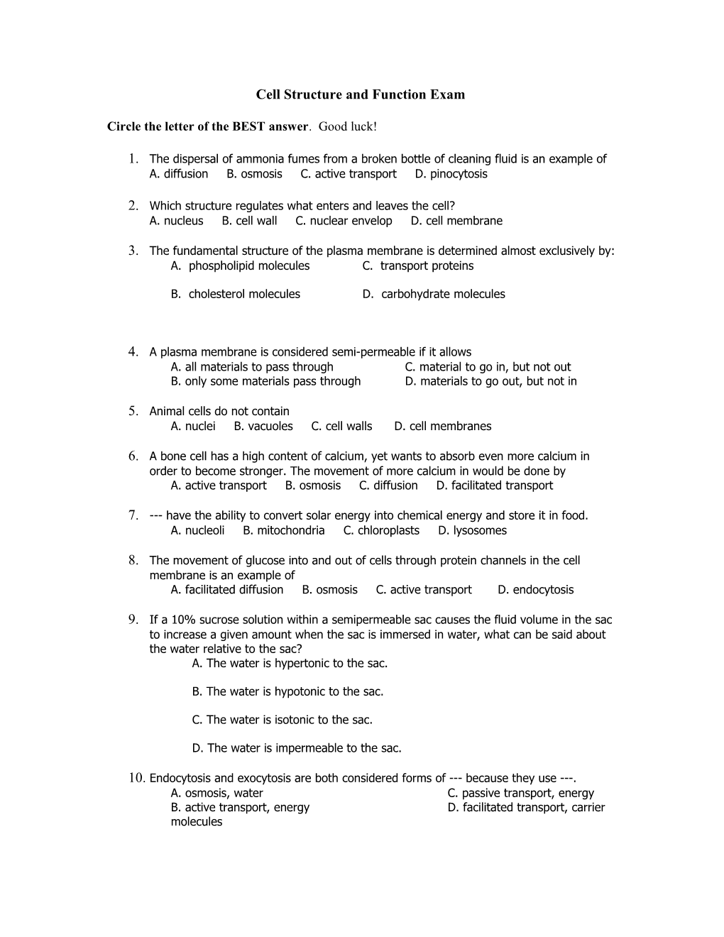 Cell Structure and Function Exam