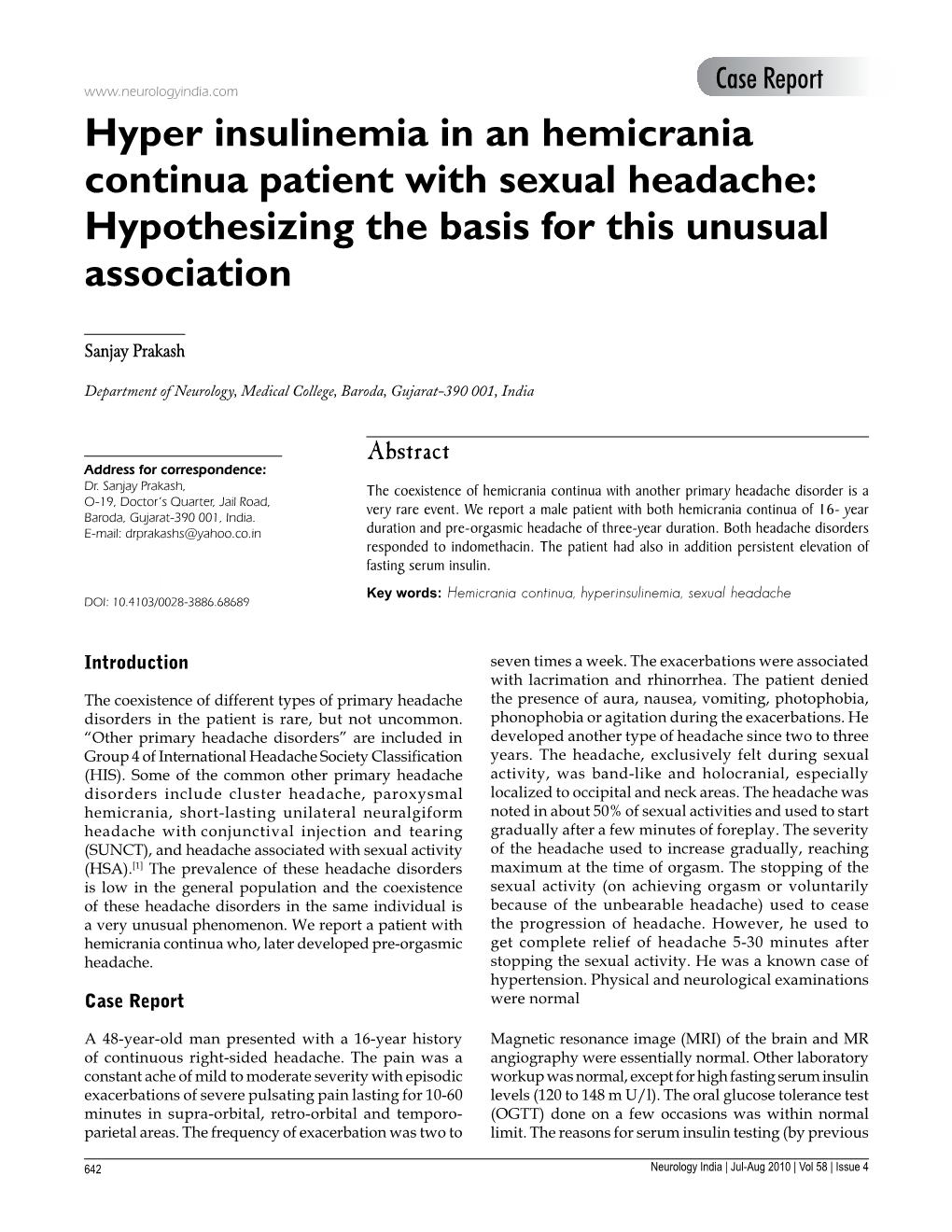 Hyper Insulinemia in an Hemicrania Continua Patient with Sexual Headache: Hypothesizing the Basis for This Unusual Association