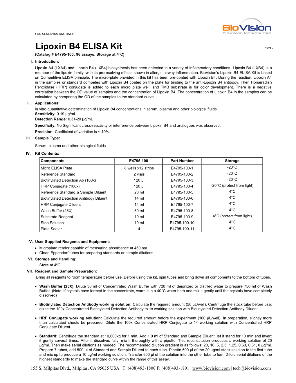 Lipoxin B4 ELISA Kit 12/19 (Catalog # E4795-100; 96 Assays, Storage at 4°C) I