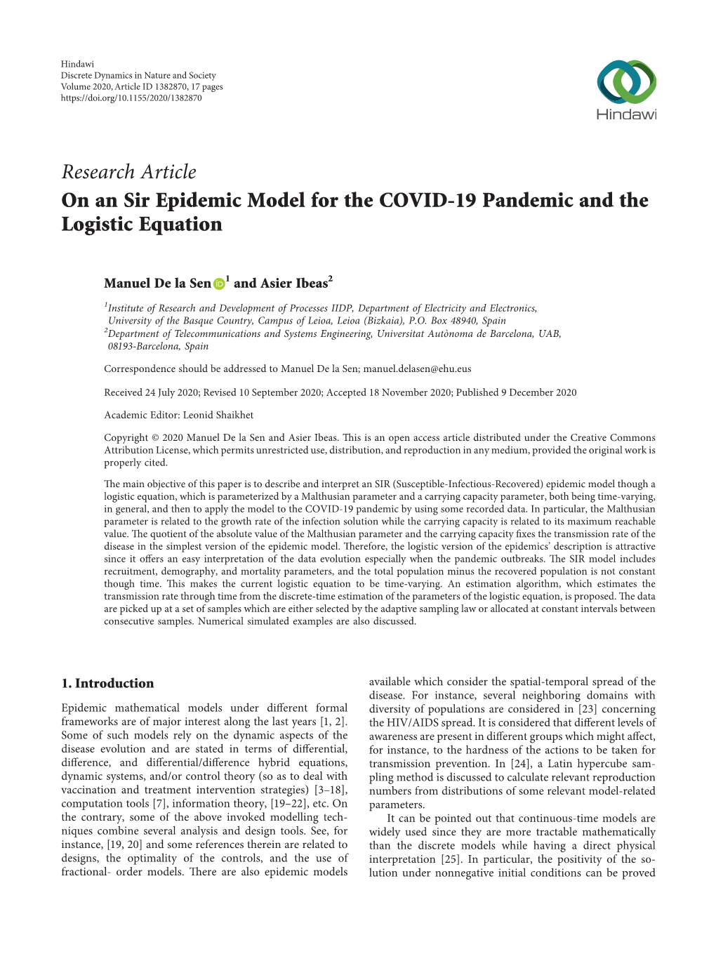 Research Article on an Sir Epidemic Model for the COVID-19 Pandemic and the Logistic Equation