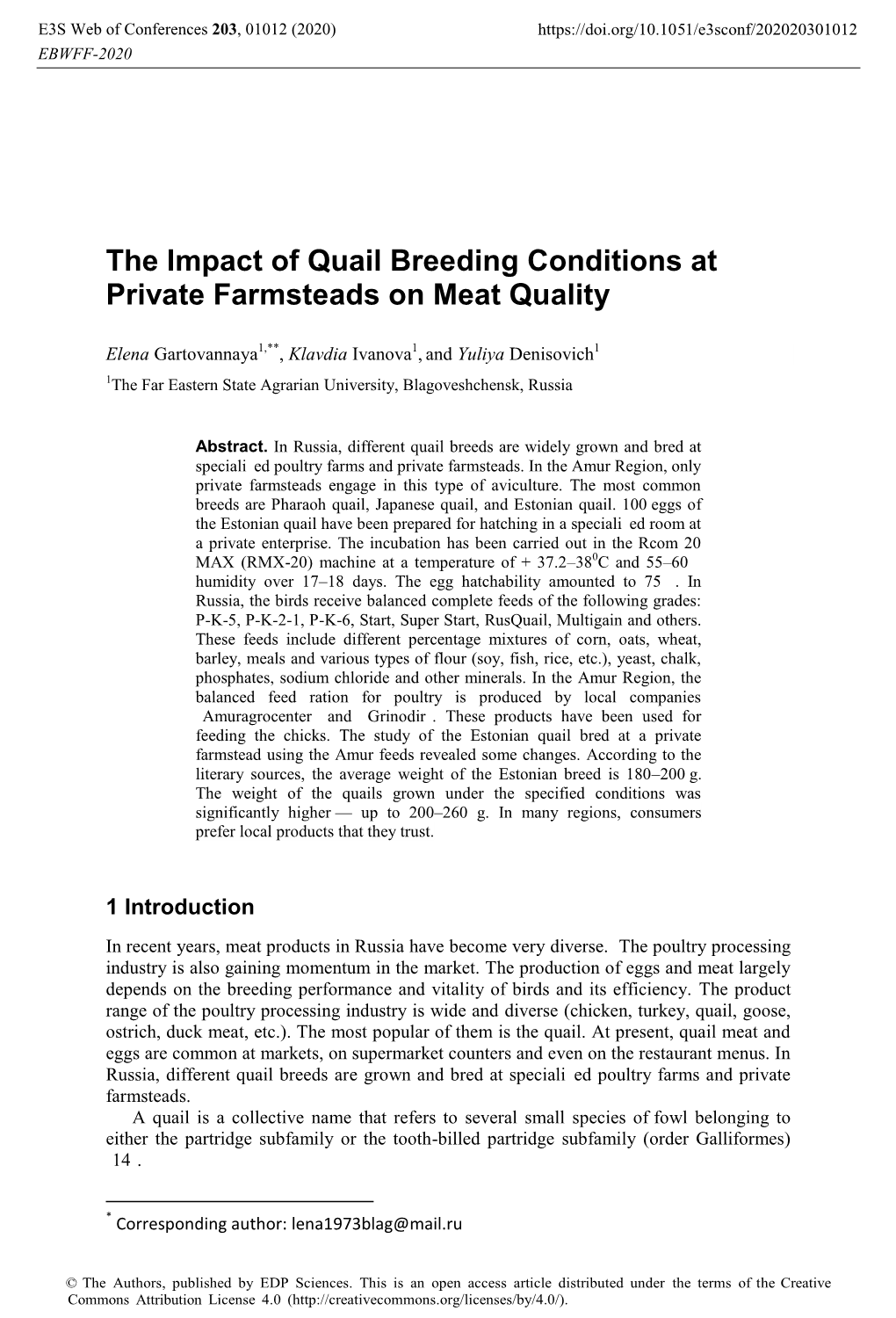 The Impact of Quail Breeding Conditions at Private Farmsteads on Meat Quality