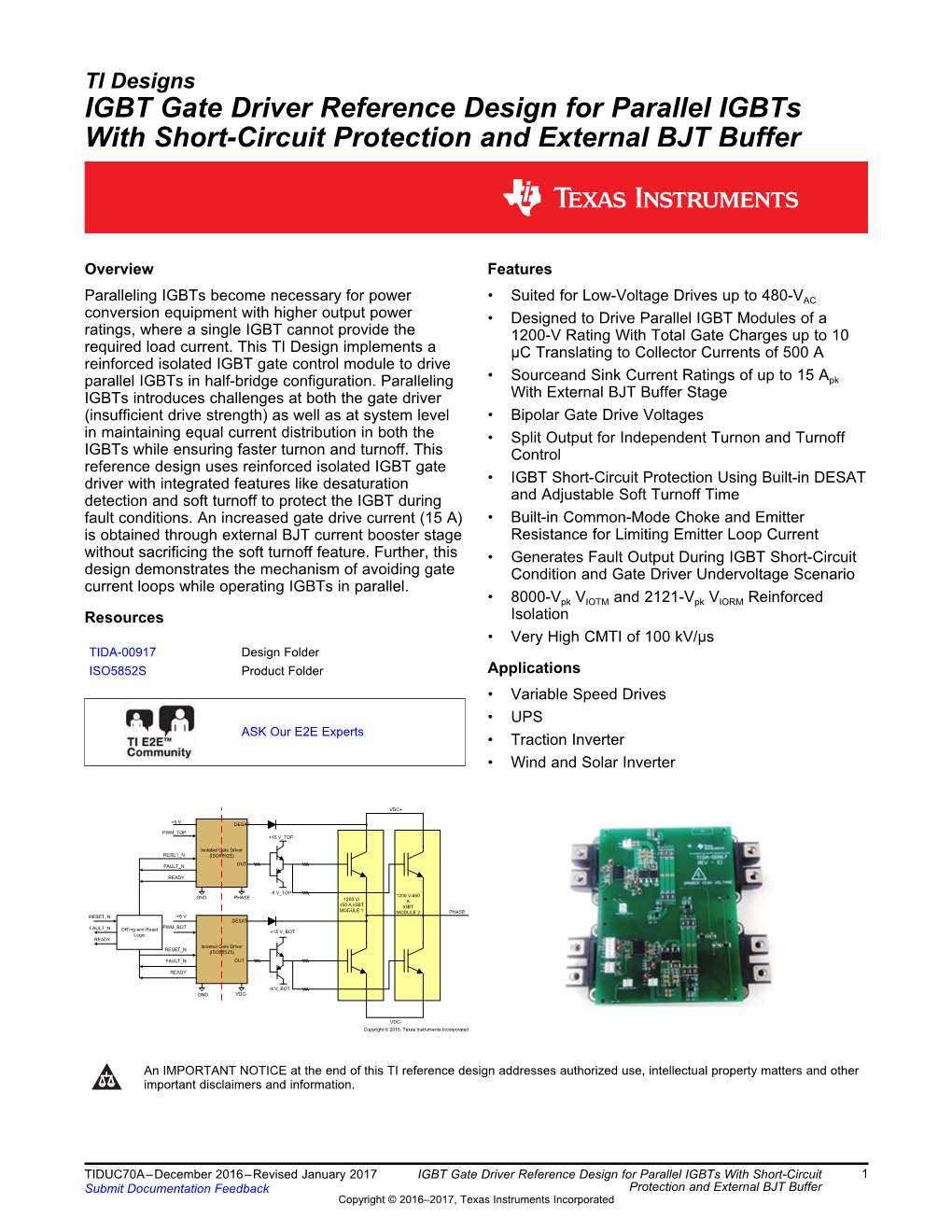 IGBT Gate Driver Reference Design for Parallel Igbts with Short-Circuit Protection and External BJT Buffer