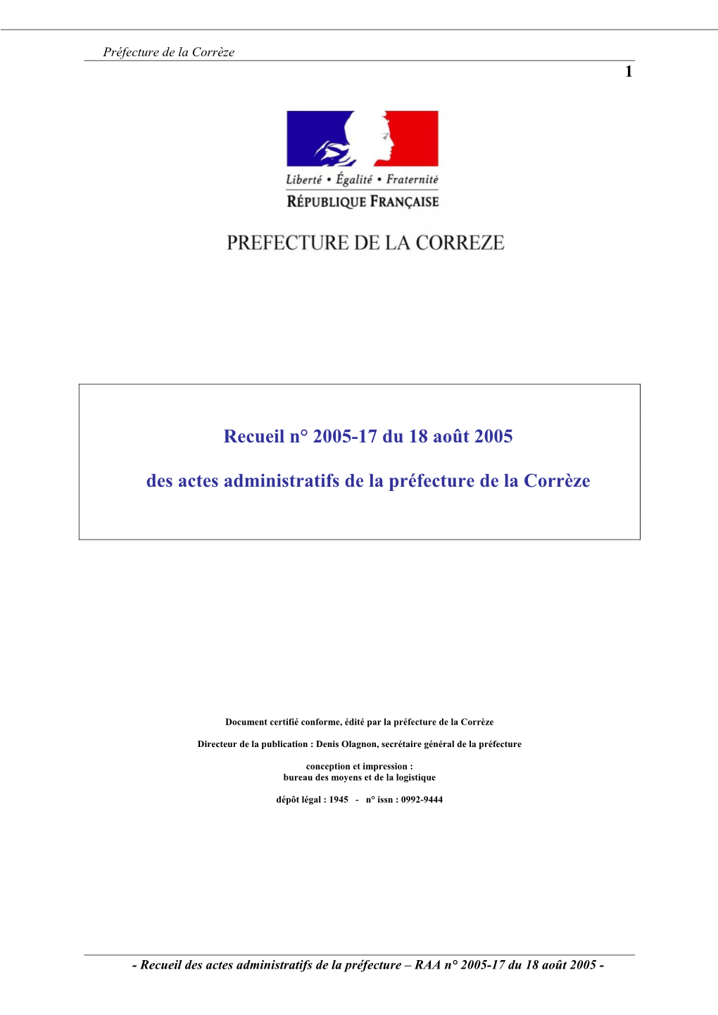 Recueil N° 2005-17 Du 18 Août 2005 Des Actes Administratifs De La